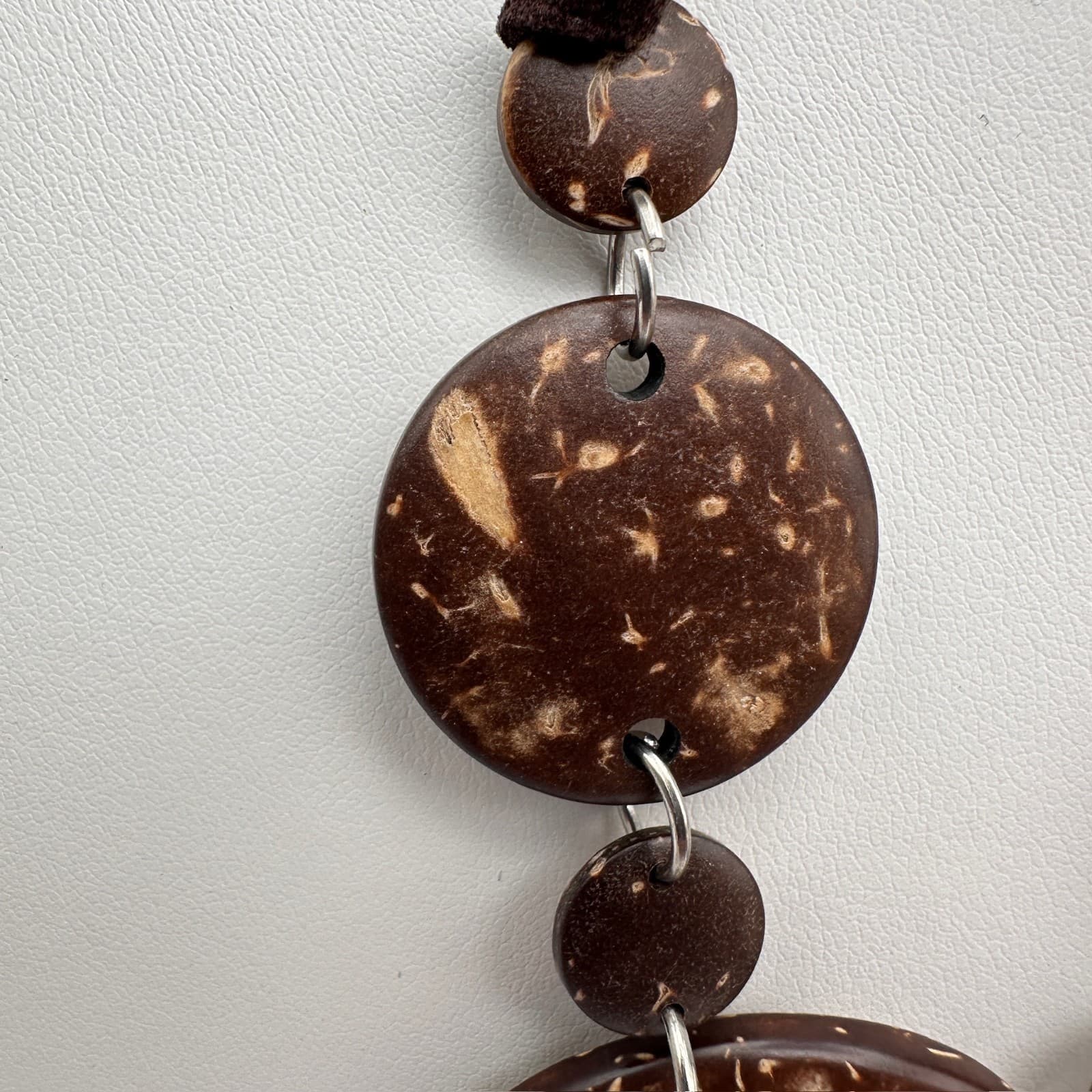 Vintage 90s Coconut Shell Mother Of Pearl Necklace Brown Suede Cord Bib Women's - Thumbnail 4