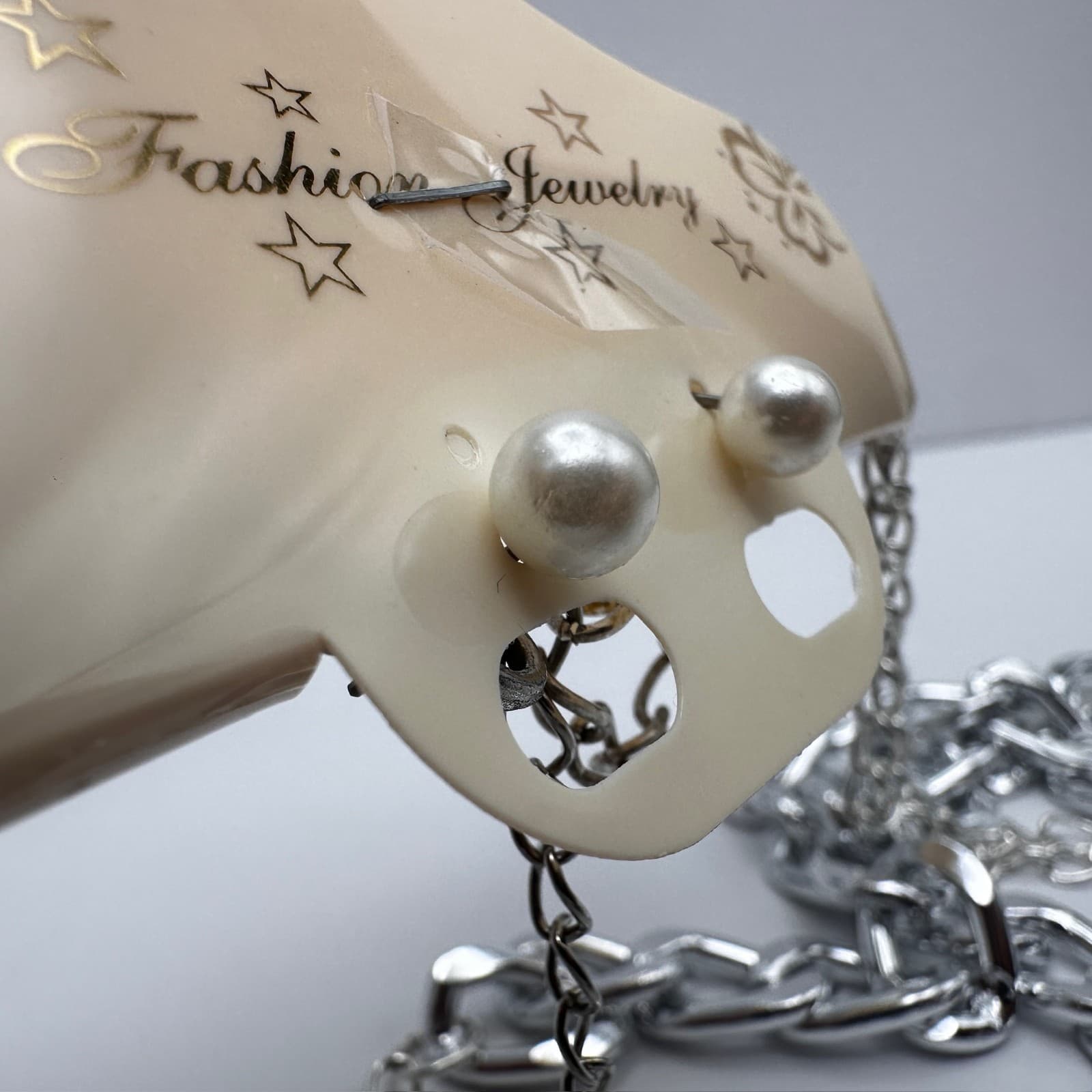 Vintage 90s Silver Tone Double Layer Curb Chain Necklace & Pearl Earrings Set - Thumbnail 11