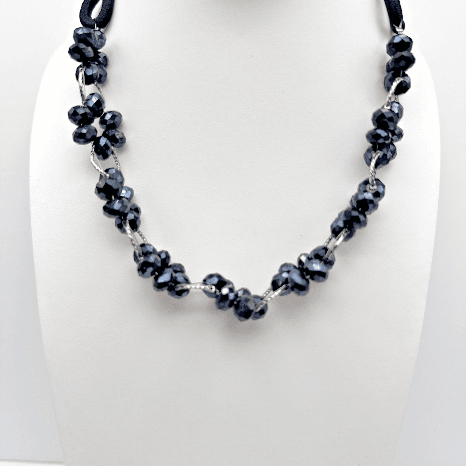 Vintage 90s Black Floral Beaded Necklace Cluster Silver Tone Women's Jewelry - Image 1