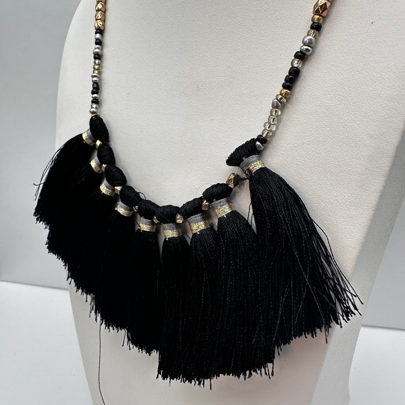 Vintage 90s Boho Black Tassel Statement Necklace Gold & Silver Tone Beaded Bib - Thumbnail 4