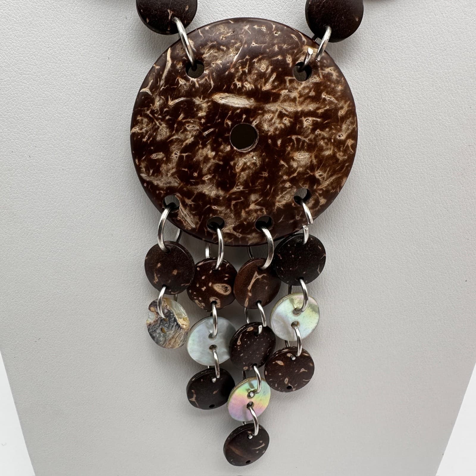 Vintage 90s Coconut Shell Mother Of Pearl Necklace Brown Suede Cord Bib Women's - Thumbnail 3