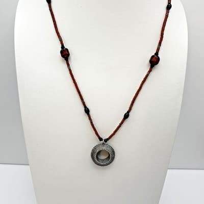 Vintage 90s Brown Amber Glass Bead Necklace Silver Tone Filigree Circle Pendant - Thumbnail 3