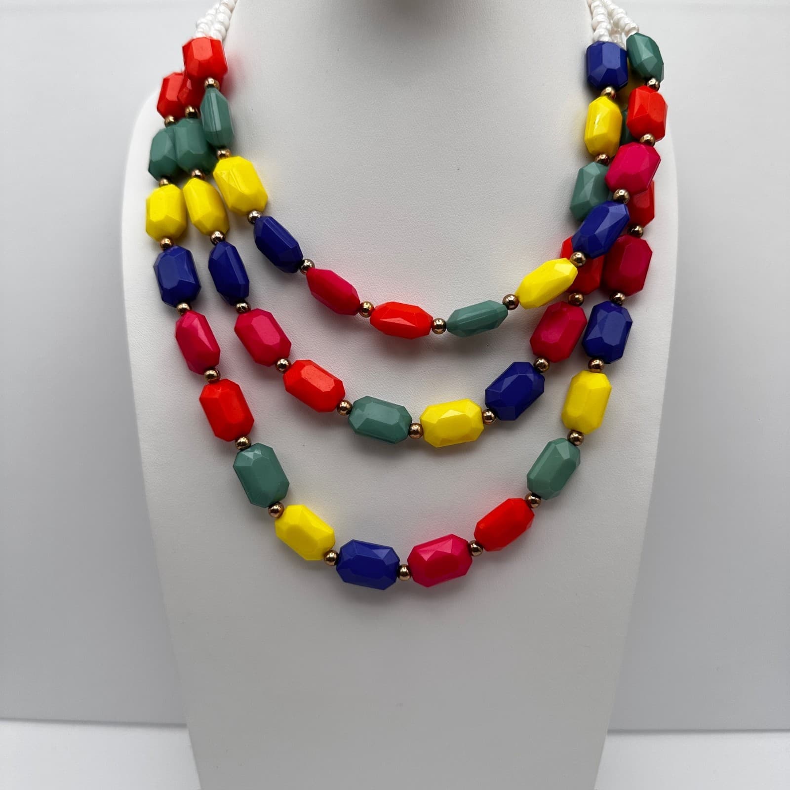 VTG 80s 90s Multicolor Geometric Resin Bead Necklace Gold Tone Women's Jewelry - Image 1