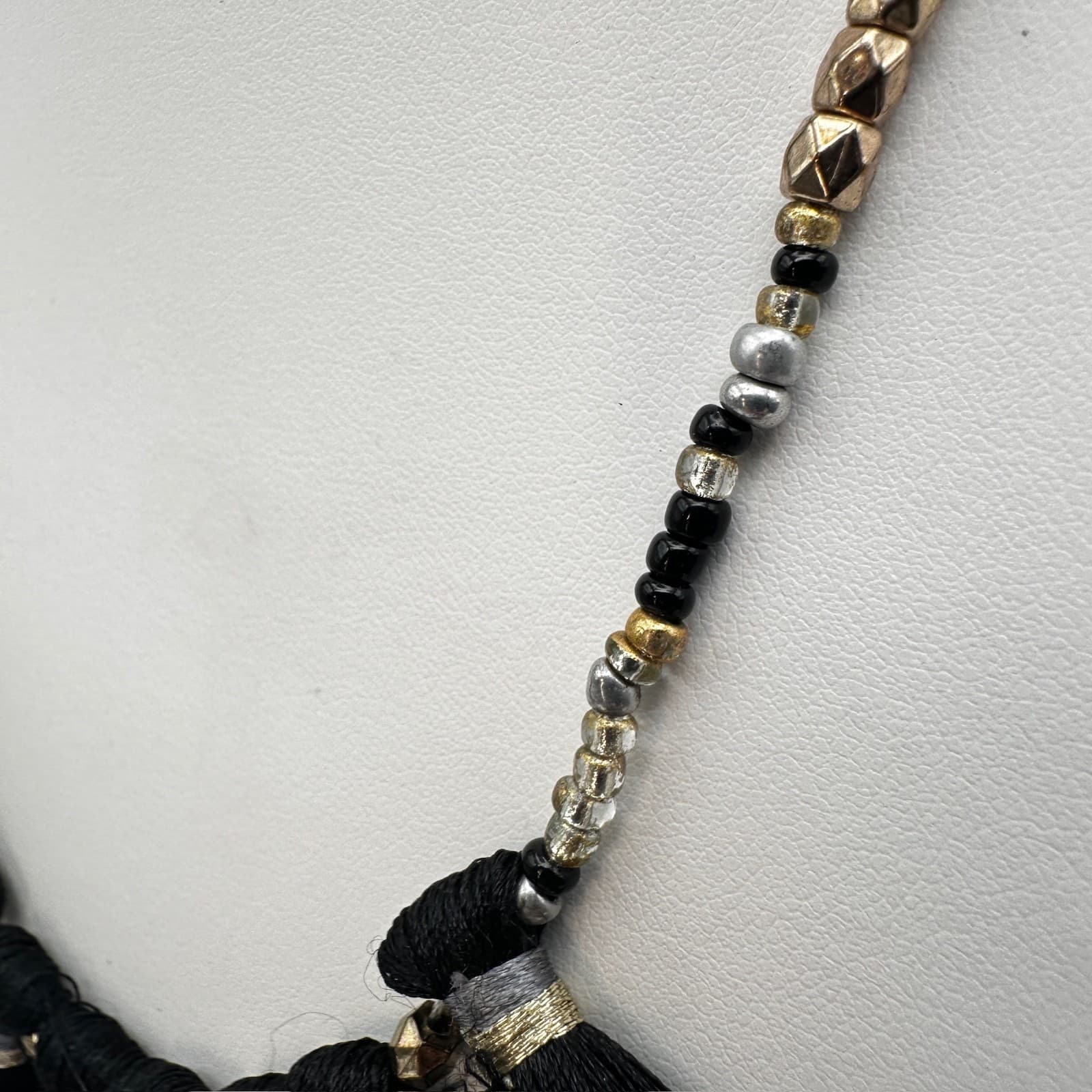 Vintage 90s Boho Black Tassel Statement Necklace Gold & Silver Tone Beaded Bib - Thumbnail 6