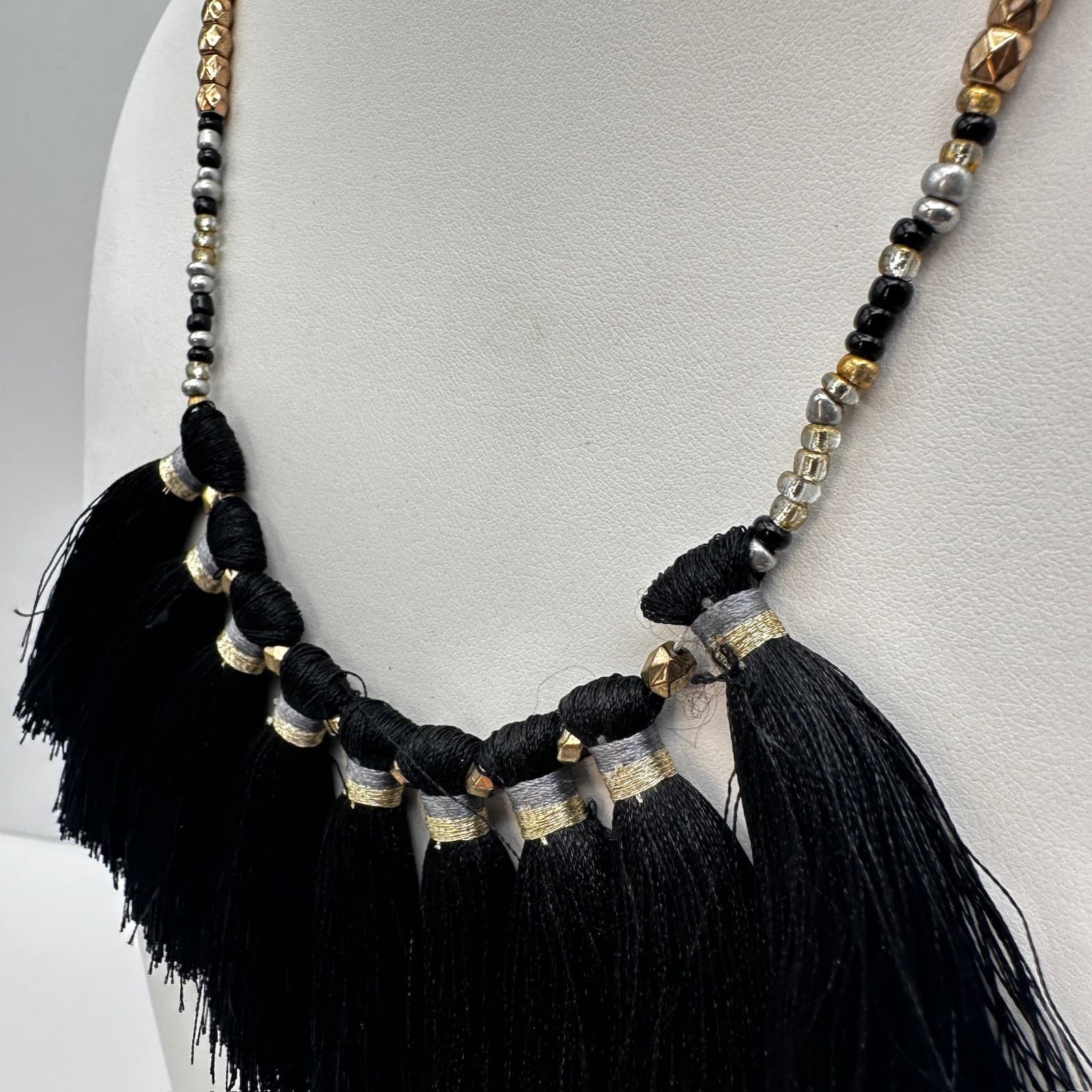 Vintage 90s Boho Black Tassel Statement Necklace Gold & Silver Tone Beaded Bib - Thumbnail 5