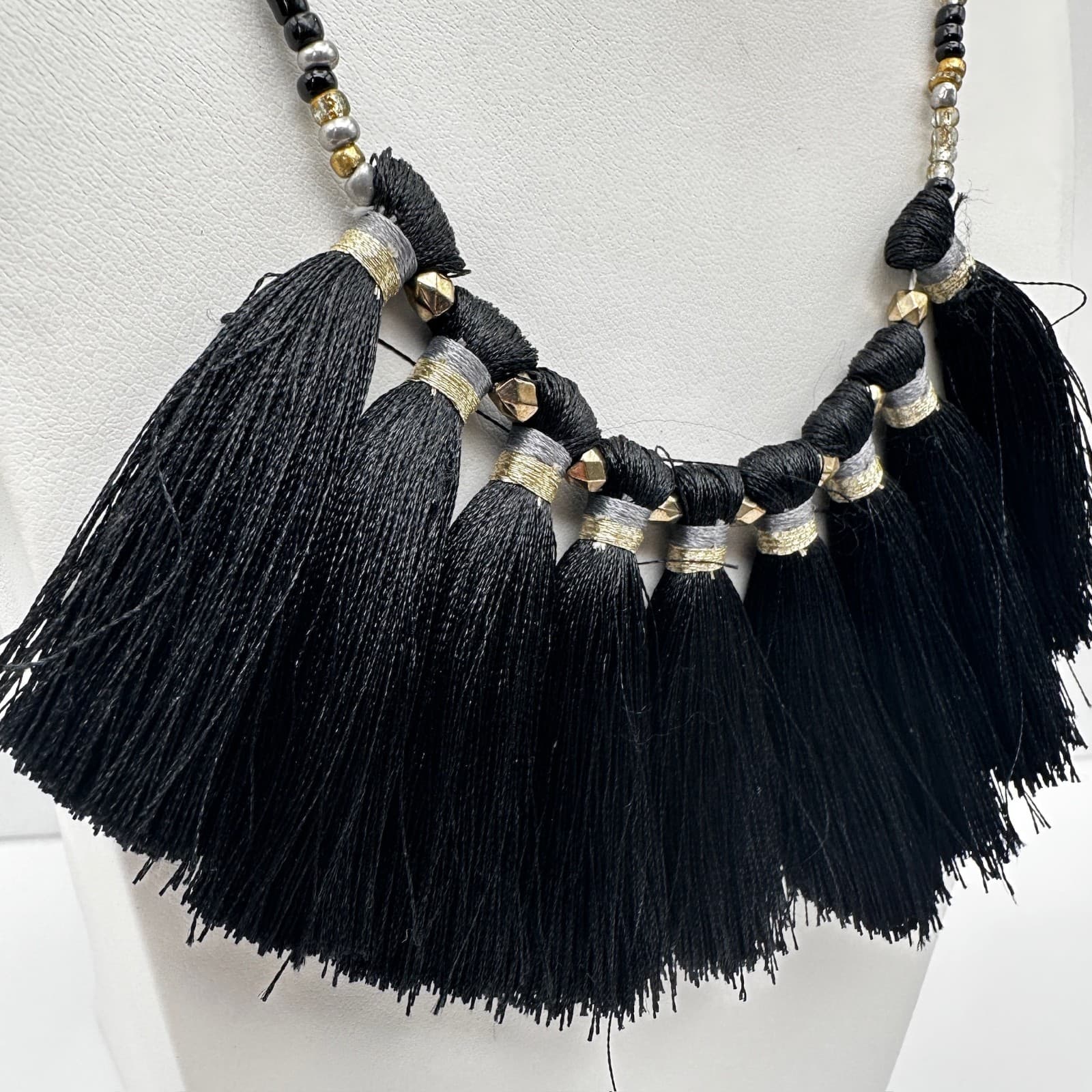 Vintage 90s Boho Black Tassel Statement Necklace Gold & Silver Tone Beaded Bib - Thumbnail 3