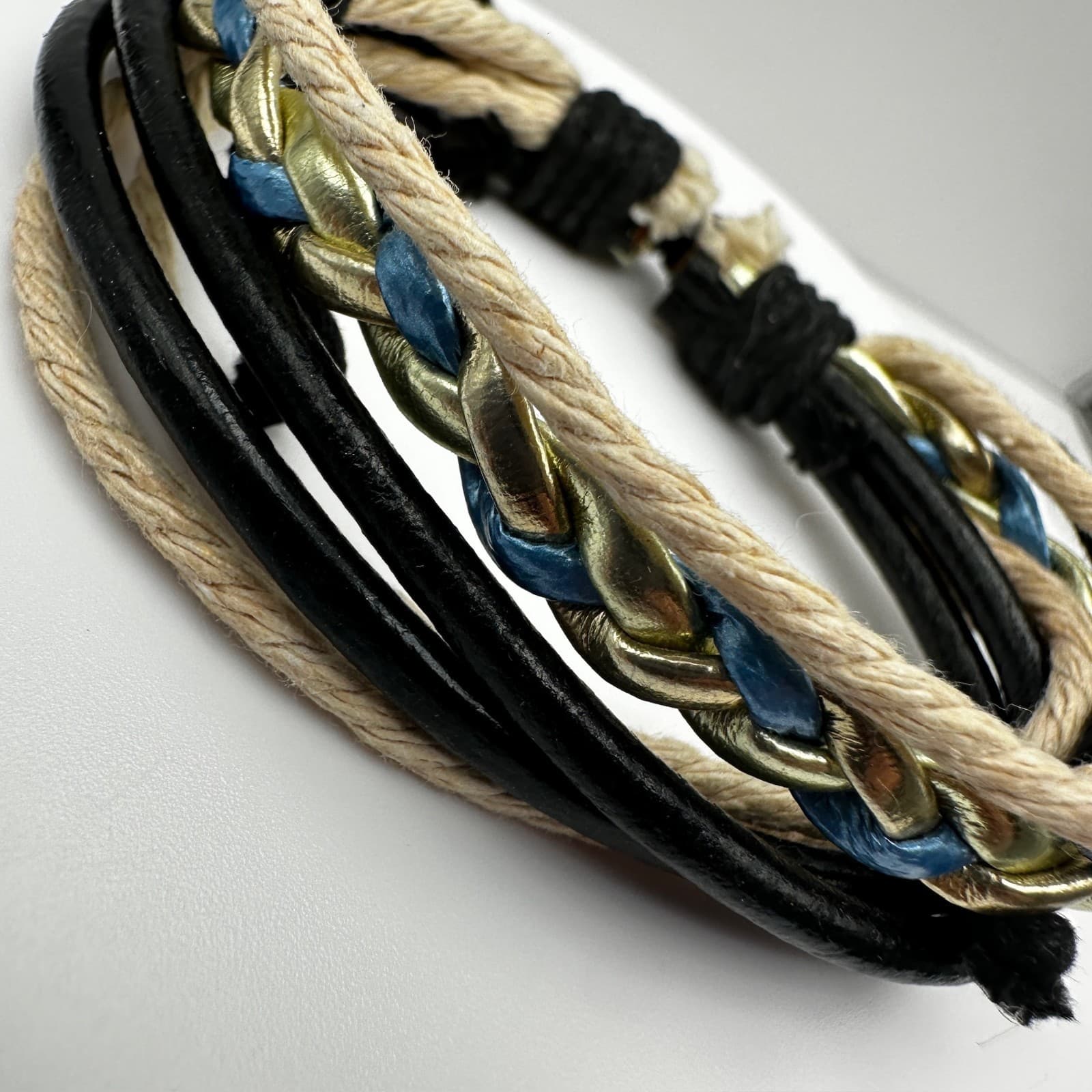 Vintage 90s Multi-Strand Leather Cord Bracelet Braided Gold Tone Women's Jewelry - Thumbnail 5