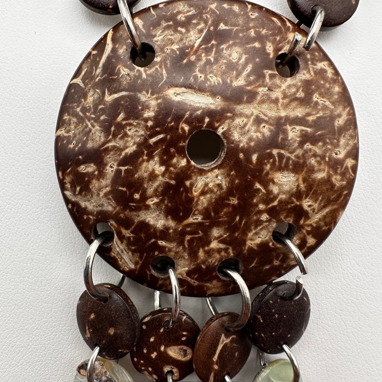 Vintage 90s Coconut Shell Mother Of Pearl Necklace Brown Suede Cord Bib Women's - Thumbnail 8
