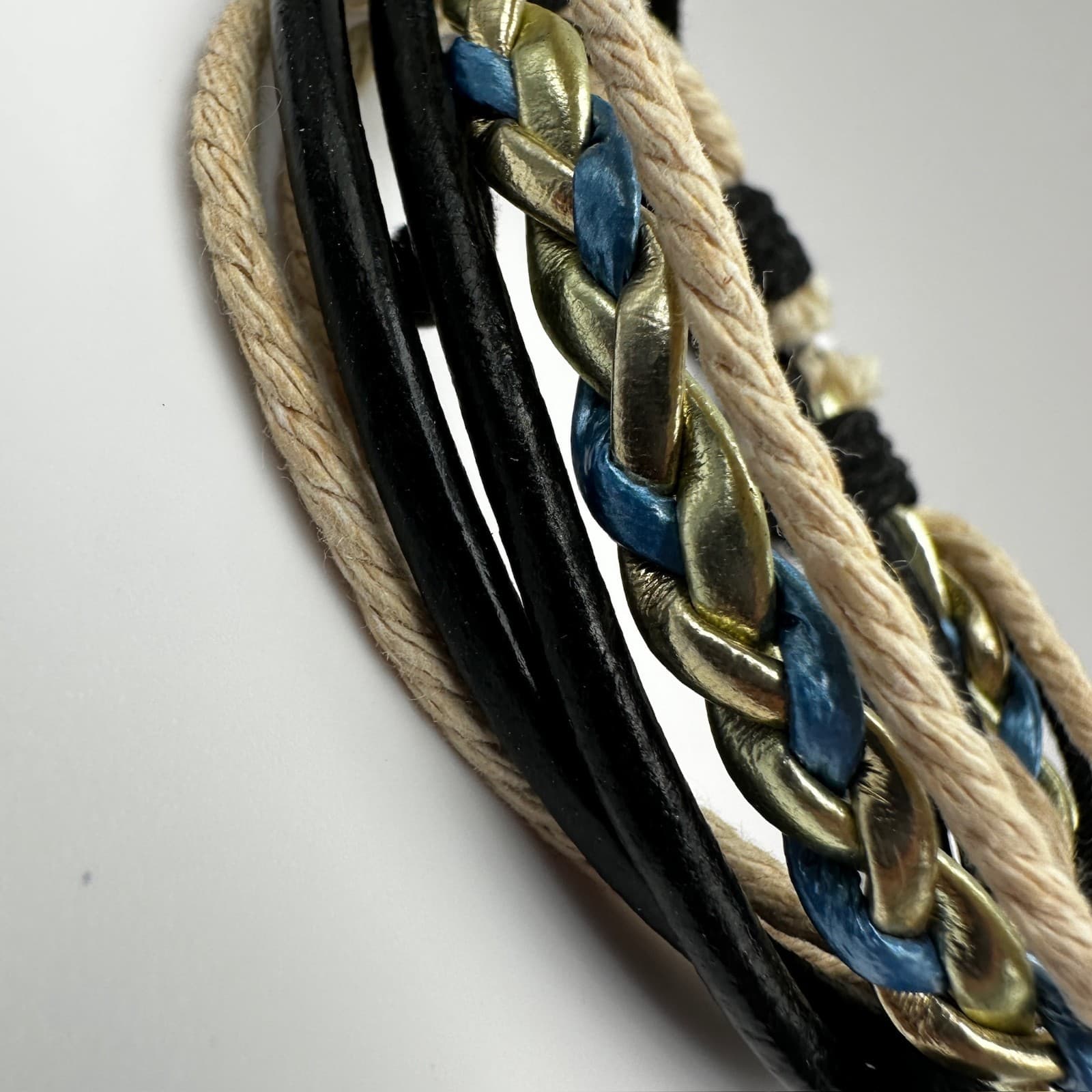 Vintage 90s Multi-Strand Leather Cord Bracelet Braided Gold Tone Women's Jewelry - Thumbnail 6