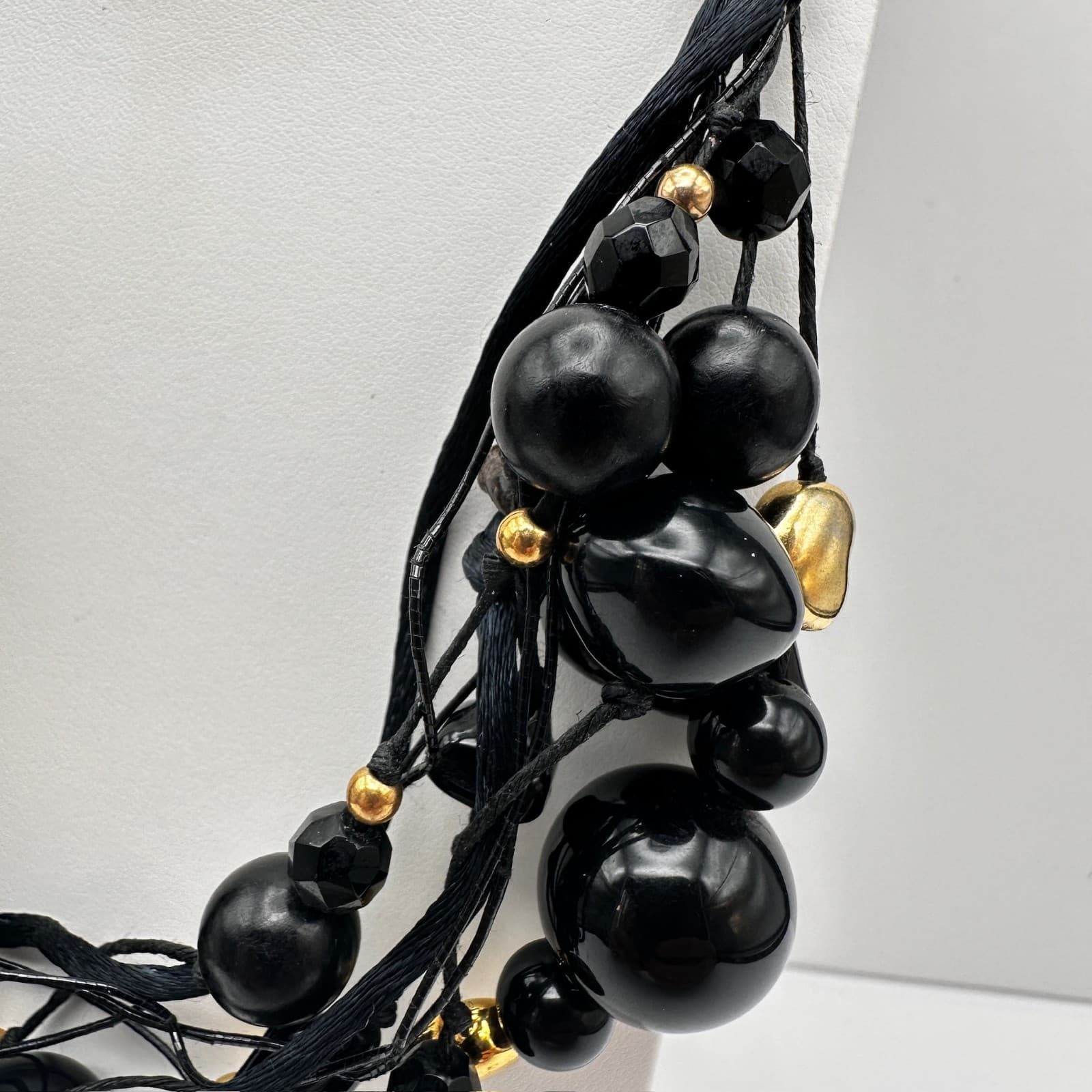 Vintage 90s Black Multi Strand Cluster Necklace Gold Tone Women's Jewelry - Thumbnail 6