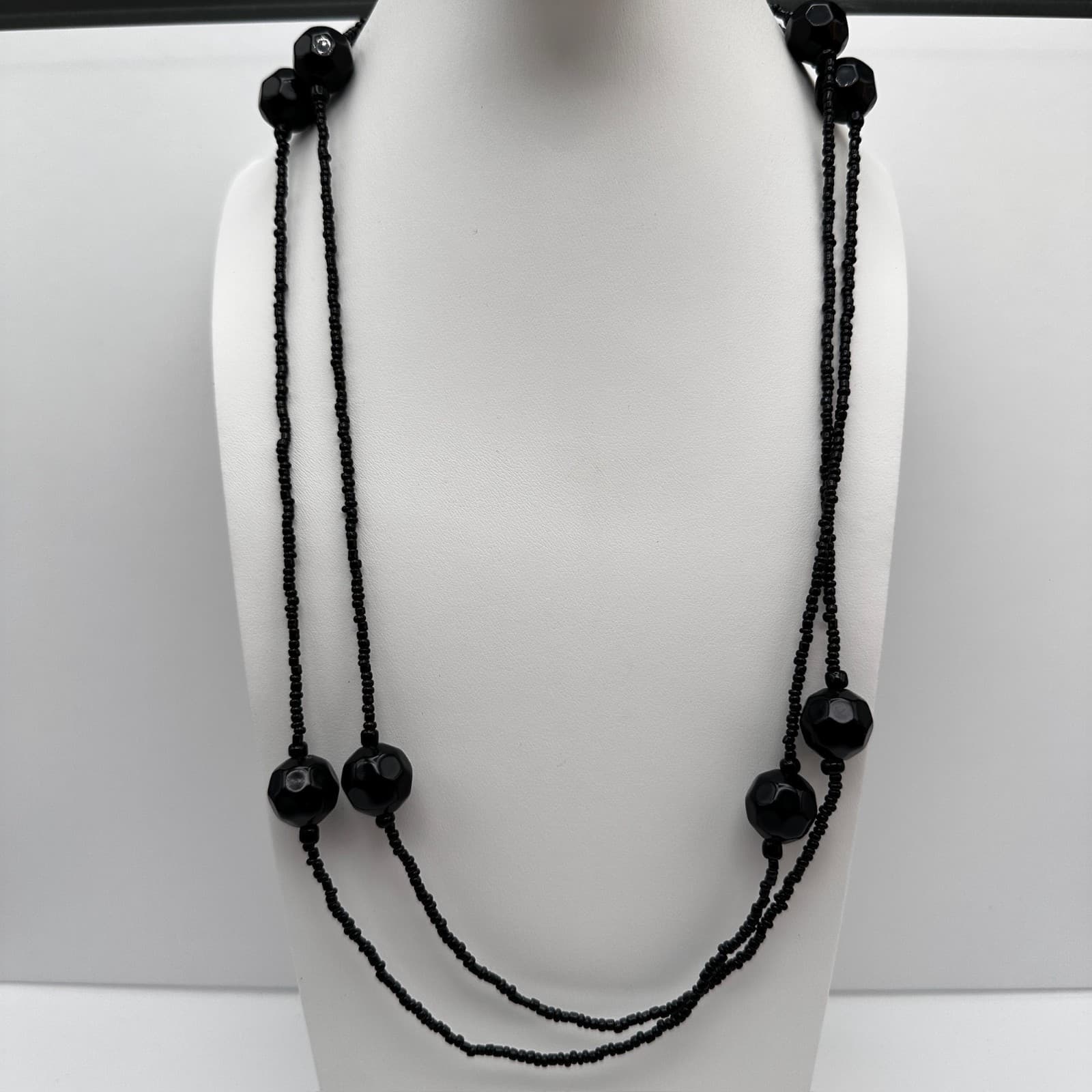 Vintage 90s Black Beaded Double Strand Necklace Set Chunky Boho Women's Jewelry - Thumbnail 2