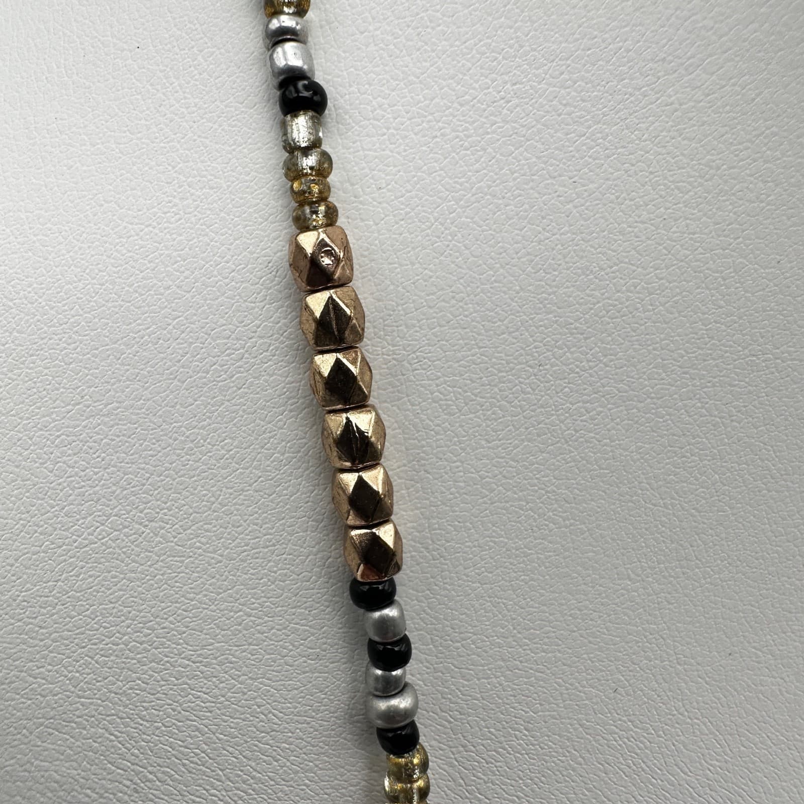 Vintage 90s Boho Black Tassel Statement Necklace Gold & Silver Tone Beaded Bib - Thumbnail 9