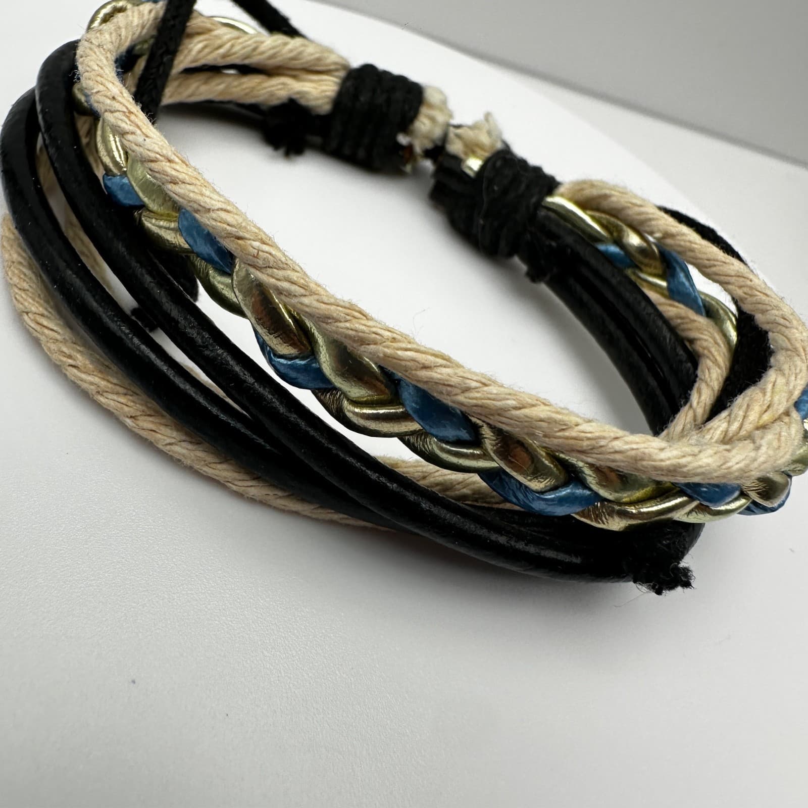 Vintage 90s Multi-Strand Leather Cord Bracelet Braided Gold Tone Women's Jewelry - Thumbnail 4