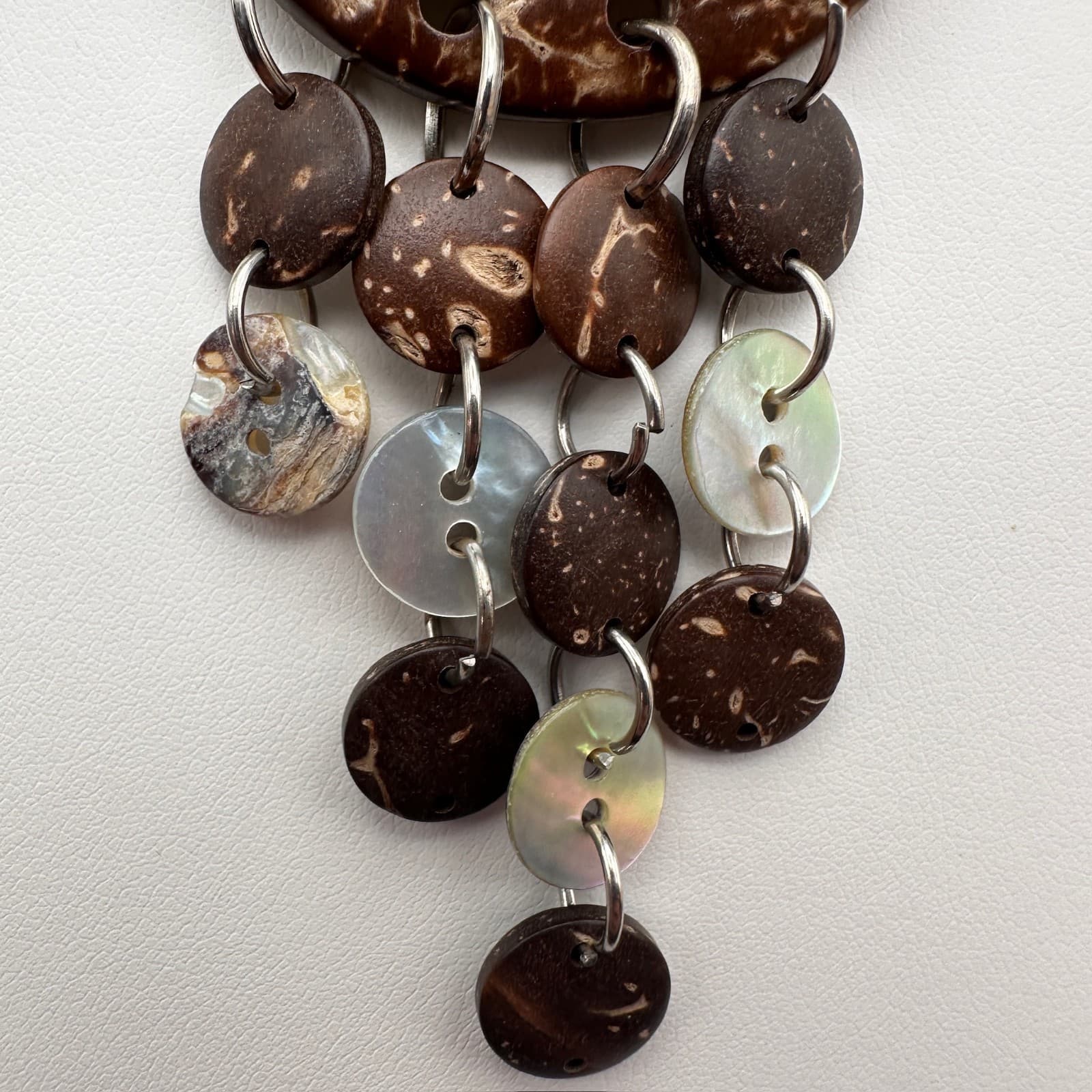 Vintage 90s Coconut Shell Mother Of Pearl Necklace Brown Suede Cord Bib Women's - Thumbnail 7