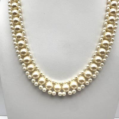 Vintage 80s Cream Faux Pearl Necklace Gold Tone Triple Strand Women's Jewelry - Image 1