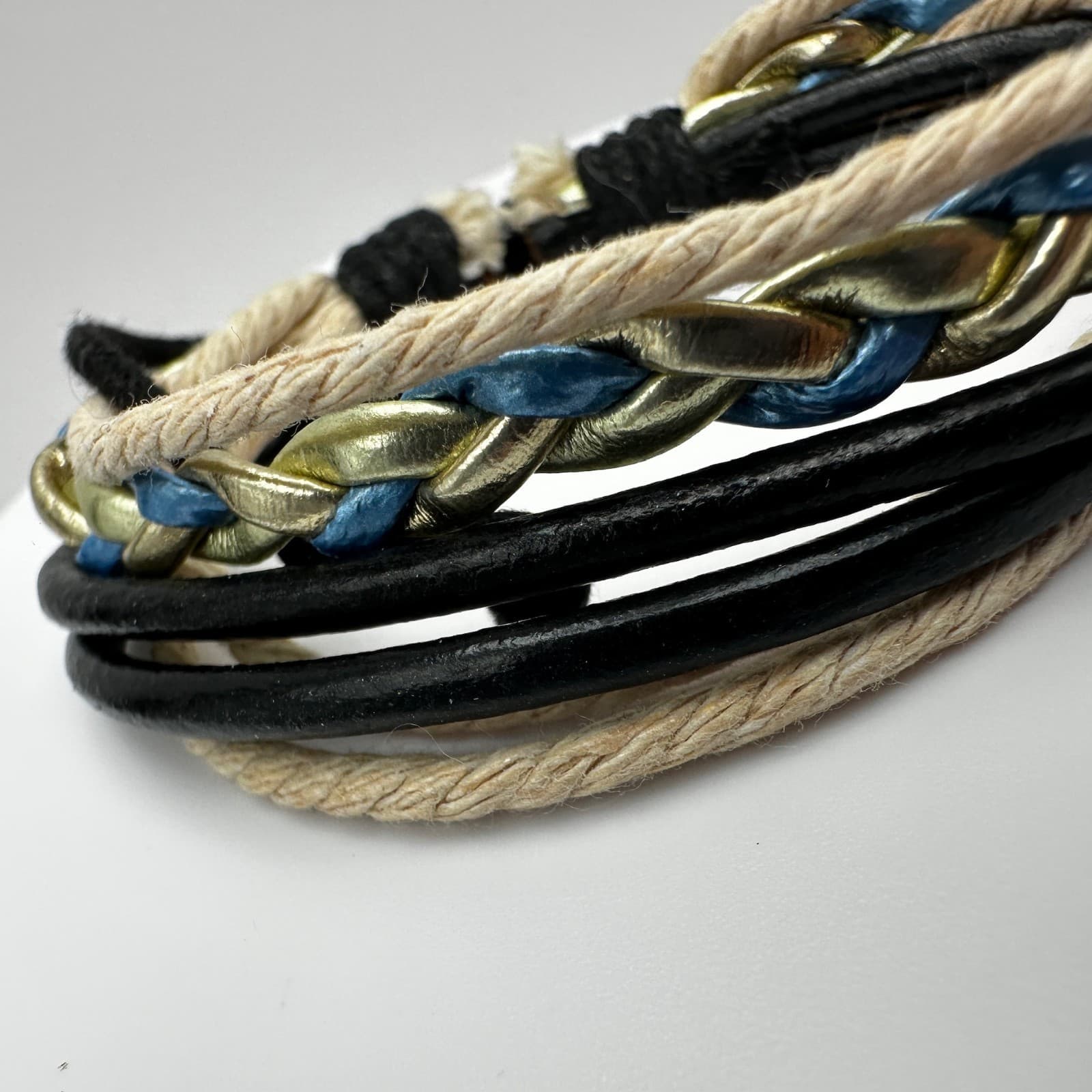Vintage 90s Multi-Strand Leather Cord Bracelet Braided Gold Tone Women's Jewelry - Thumbnail 7
