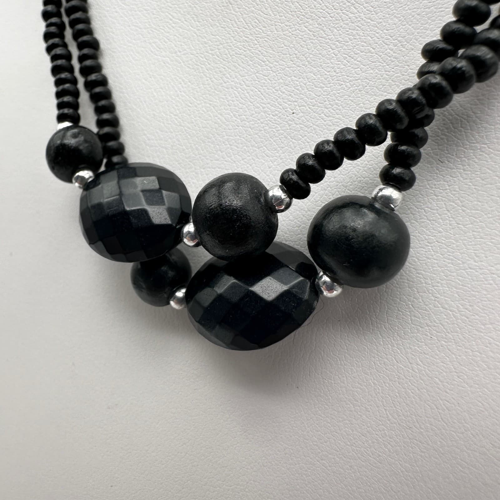 Vintage 90s Black Beaded Double Strand Necklace Set Chunky Boho Women's Jewelry - Thumbnail 7