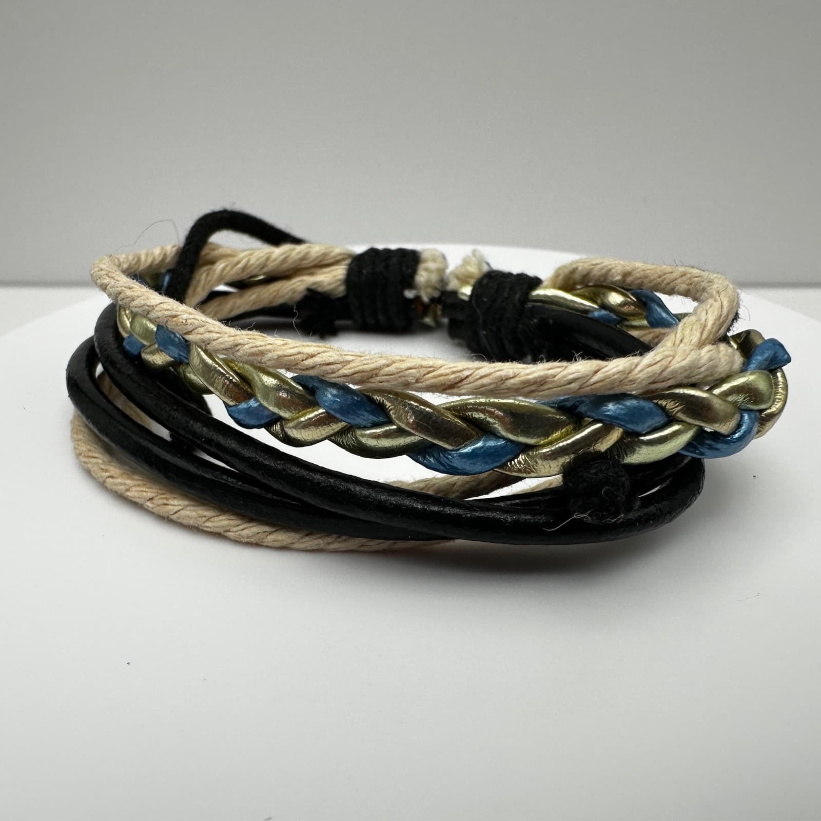 Vintage 90s Multi-Strand Leather Cord Bracelet Braided Gold Tone Women's Jewelry - Image 1