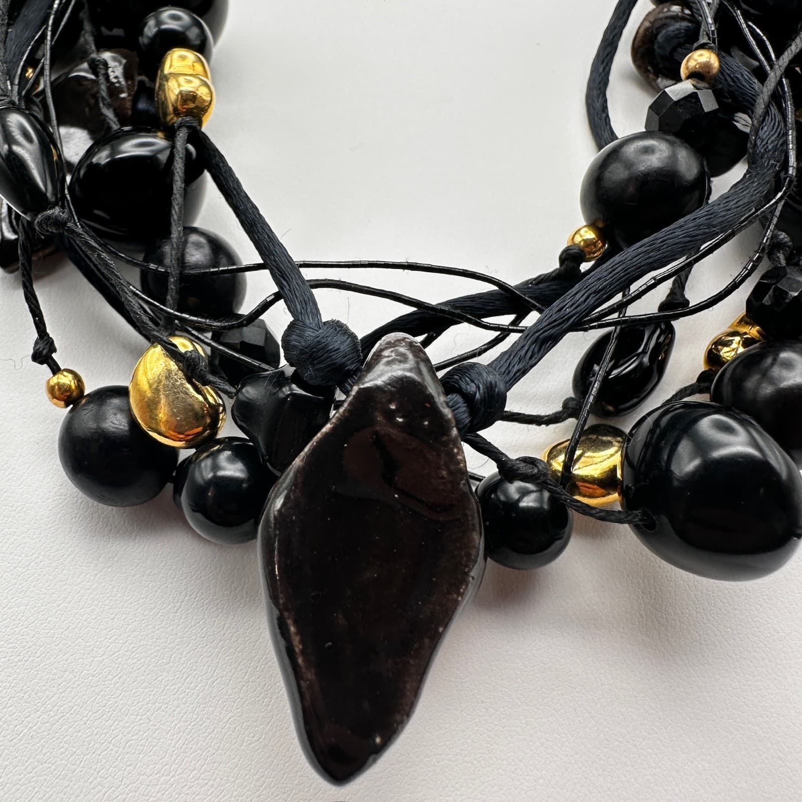 Vintage 90s Black Multi Strand Cluster Necklace Gold Tone Women's Jewelry - Thumbnail 9