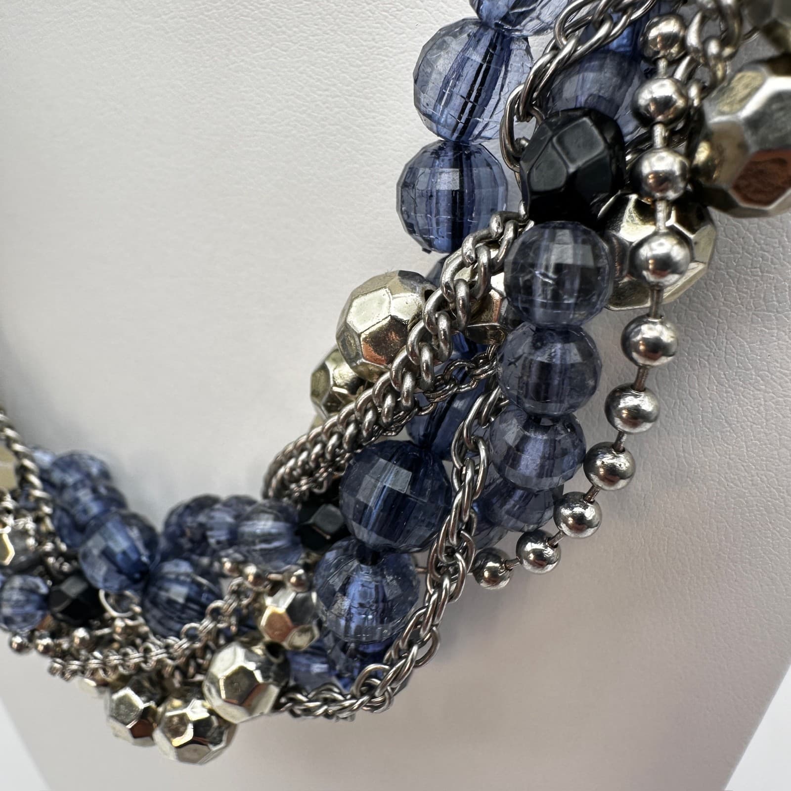 Vintage 90s Multi Strand Blue Beaded Ribbon Statement Necklace Women's Jewelry - Thumbnail 9