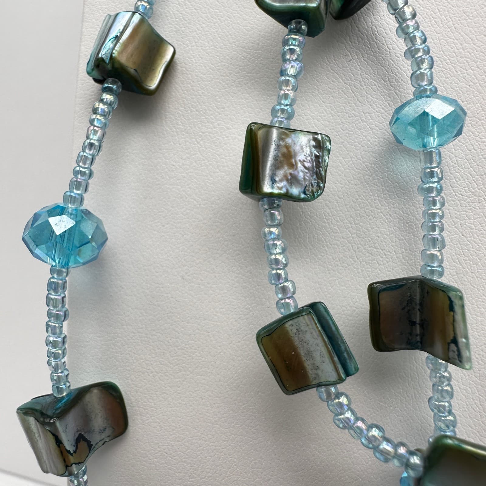 VTG 90s Teal Multi-Strand Shell Necklace Layered Bead Silver Tone Jewelry - Thumbnail 2