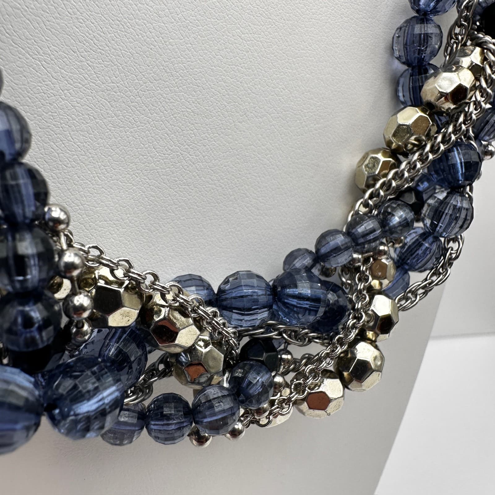 Vintage 90s Multi Strand Blue Beaded Ribbon Statement Necklace Women's Jewelry - Thumbnail 6