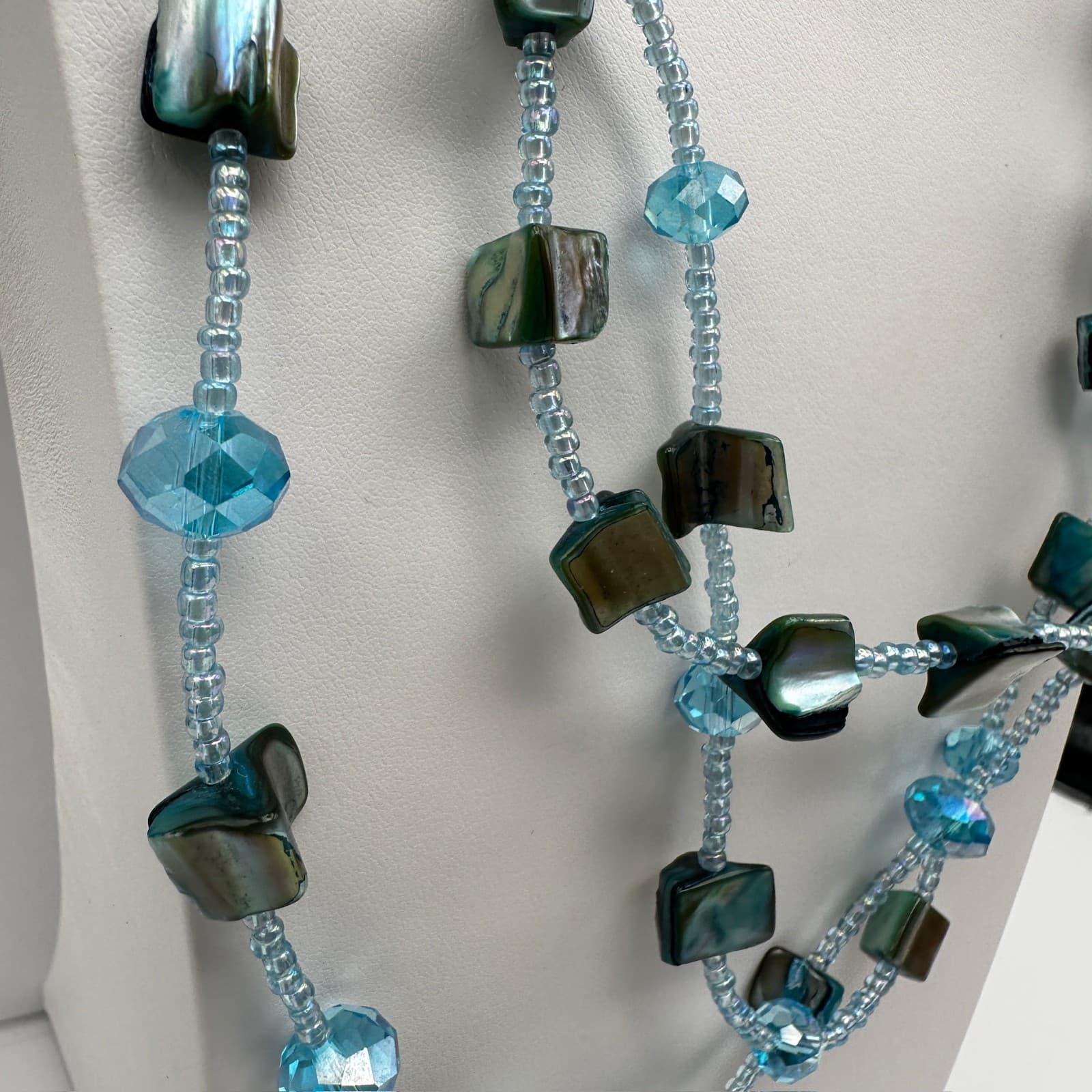 VTG 90s Teal Multi-Strand Shell Necklace Layered Bead Silver Tone Jewelry - Thumbnail 4