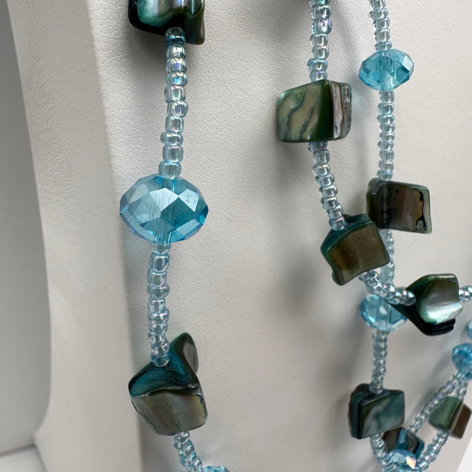 VTG 90s Teal Multi-Strand Shell Necklace Layered Bead Silver Tone Jewelry - Thumbnail 5