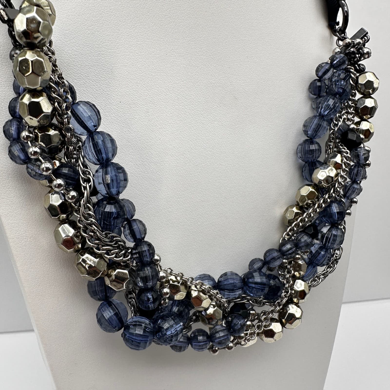 Vintage 90s Multi Strand Blue Beaded Ribbon Statement Necklace Women's Jewelry - Thumbnail 3