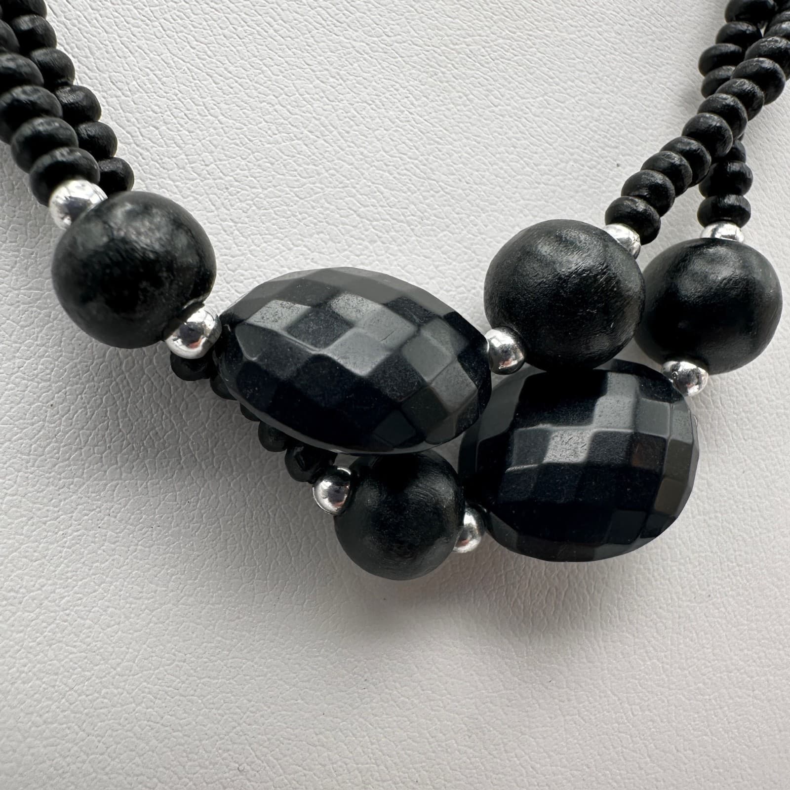 Vintage 90s Black Beaded Double Strand Necklace Set Chunky Boho Women's Jewelry - Thumbnail 4