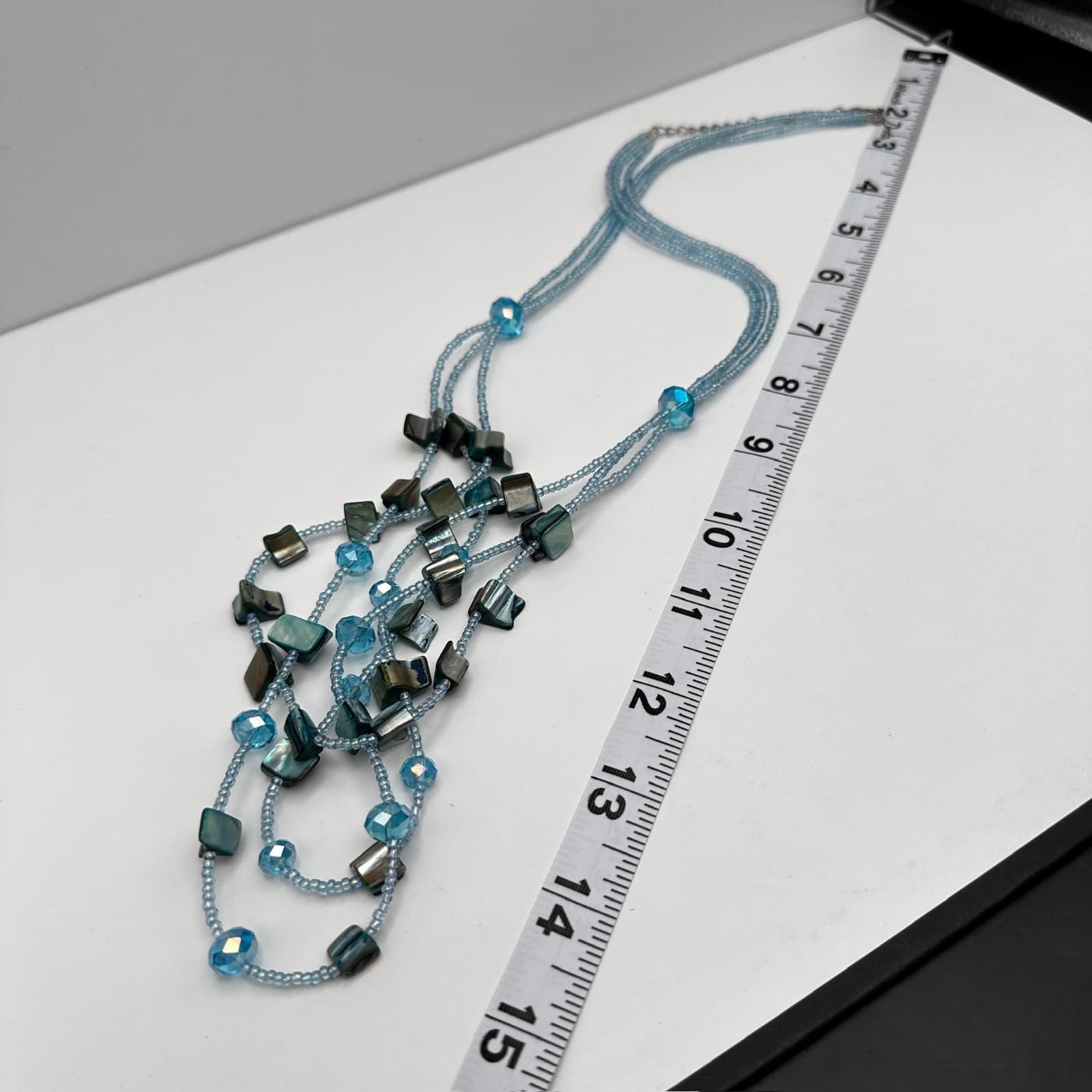 VTG 90s Teal Multi-Strand Shell Necklace Layered Bead Silver Tone Jewelry - Thumbnail 9