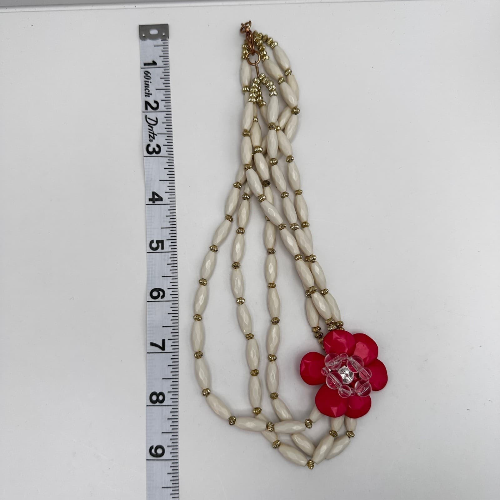 VTG 90s Red Flower Triple Strand White Bead Necklace Gold Tone Women's Jewelry - Thumbnail 10