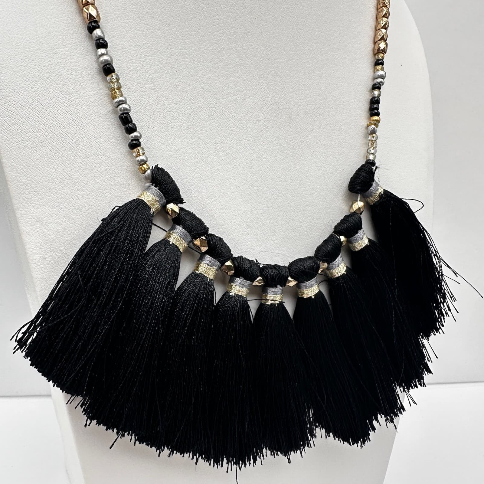 Vintage 90s Boho Black Tassel Statement Necklace Gold & Silver Tone Beaded Bib - Thumbnail 2