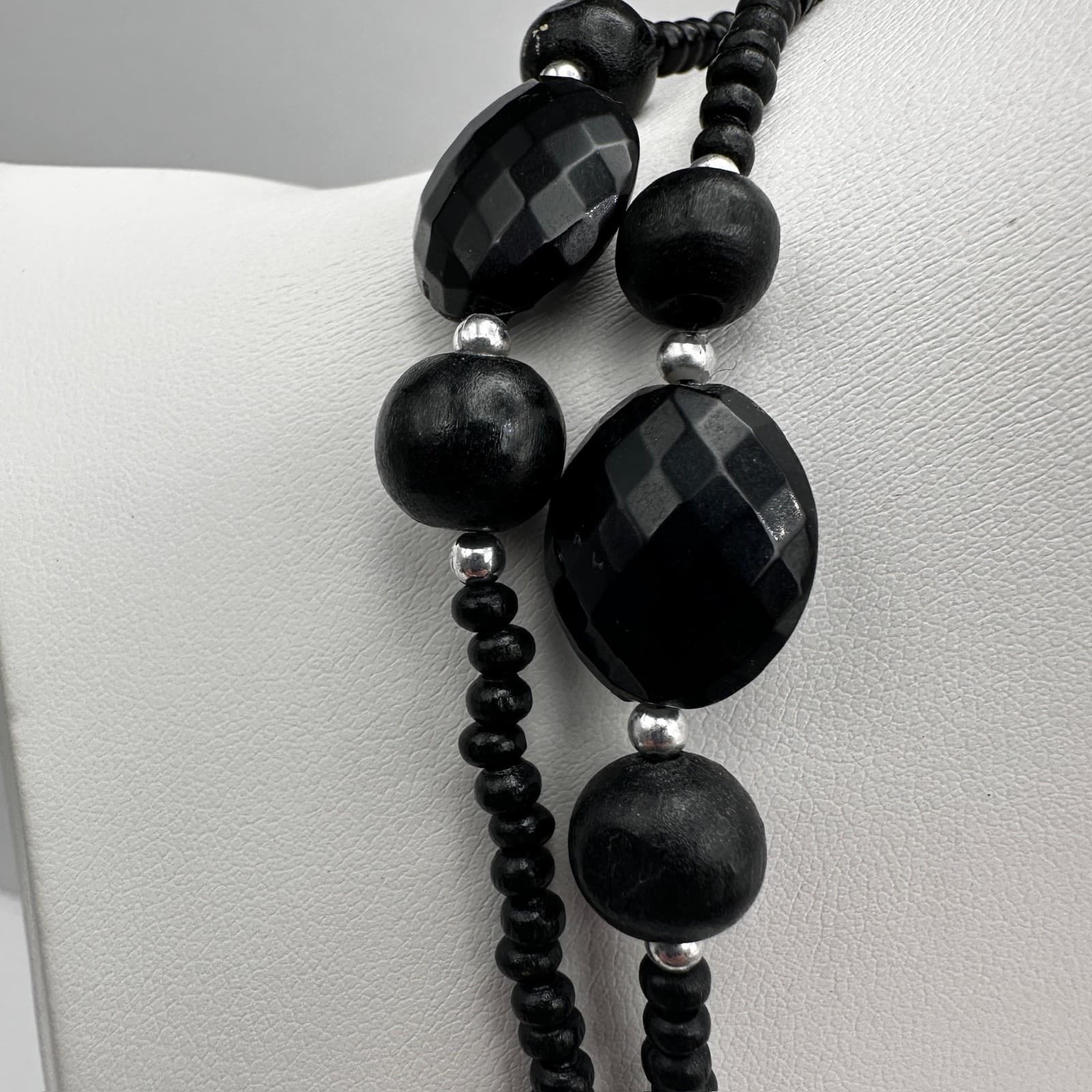 Vintage 90s Black Beaded Double Strand Necklace Set Chunky Boho Women's Jewelry - Thumbnail 5