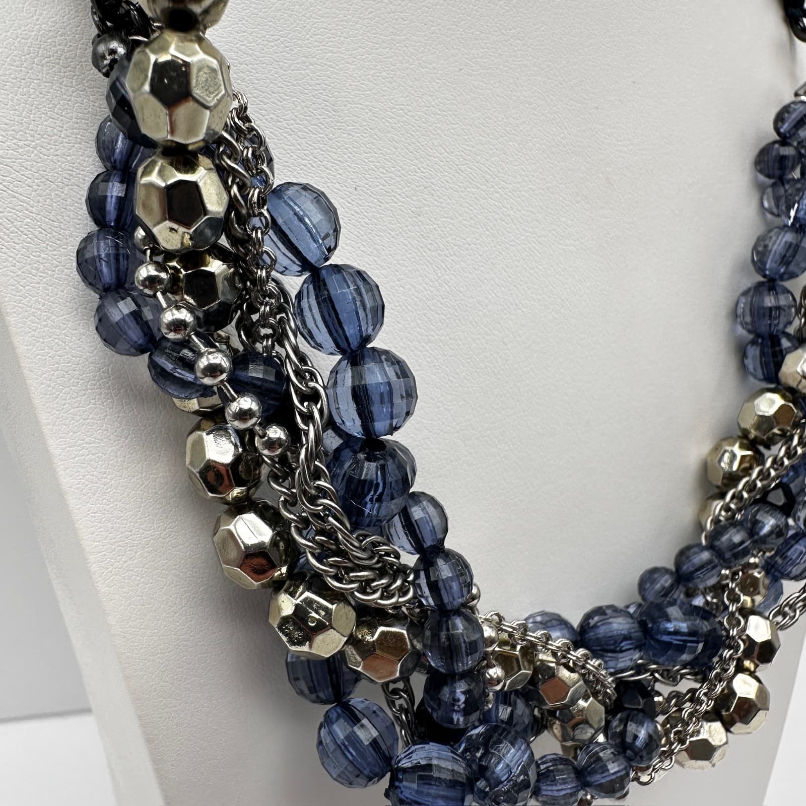 Vintage 90s Multi Strand Blue Beaded Ribbon Statement Necklace Women's Jewelry - Thumbnail 4