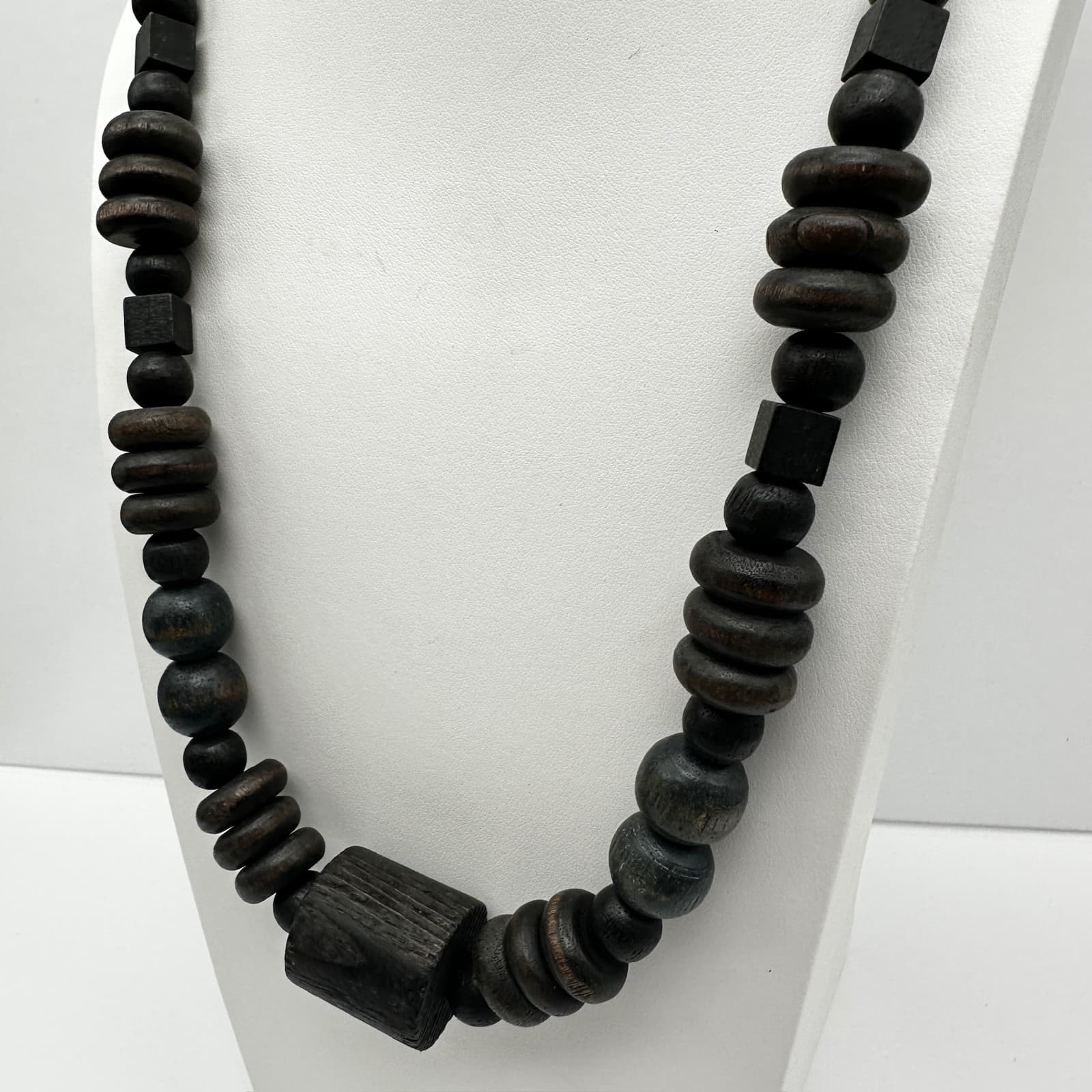 Vintage 90s Multi-Shape Black Wood Bead Necklace Women's Jewelry - Thumbnail 3
