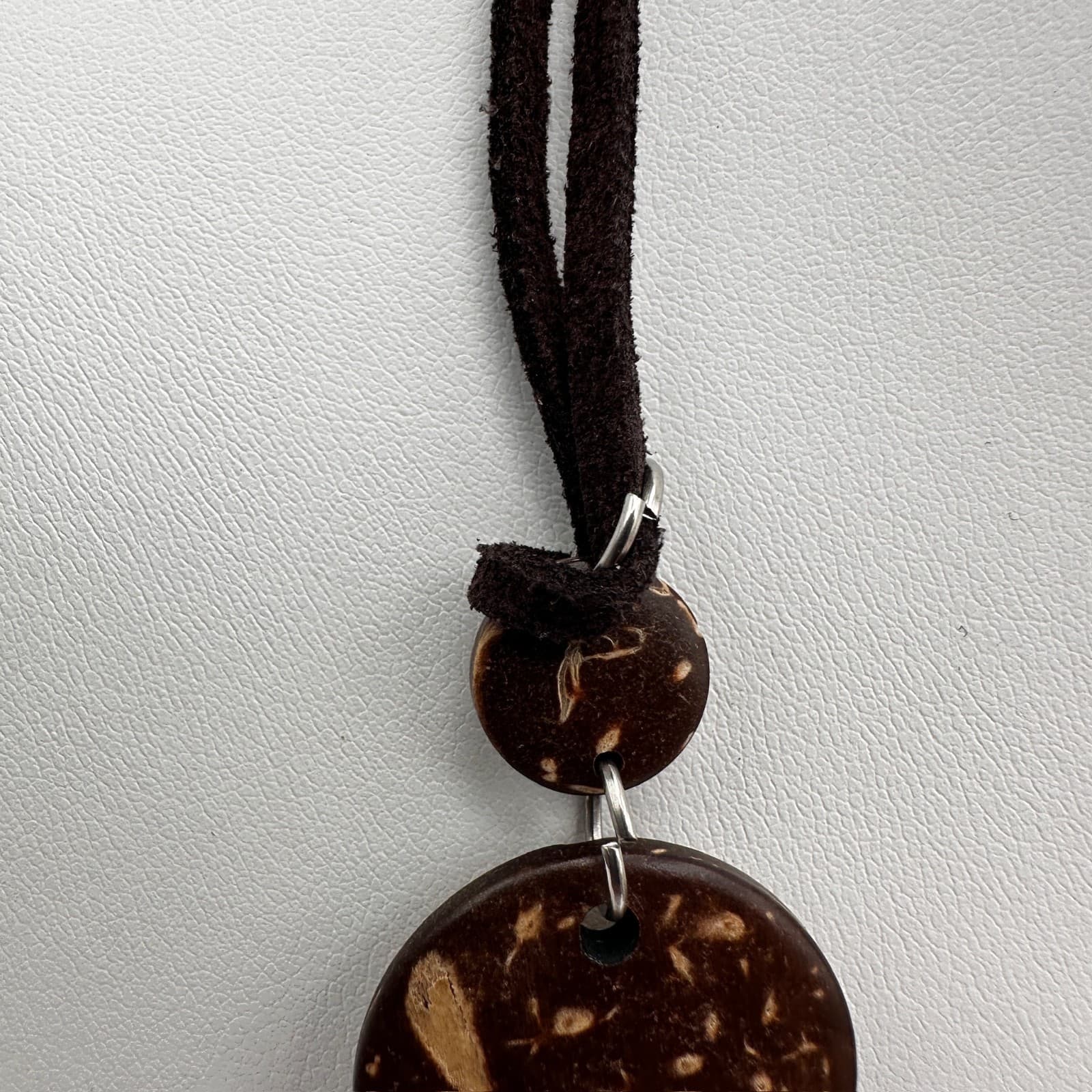 Vintage 90s Coconut Shell Mother Of Pearl Necklace Brown Suede Cord Bib Women's - Thumbnail 5