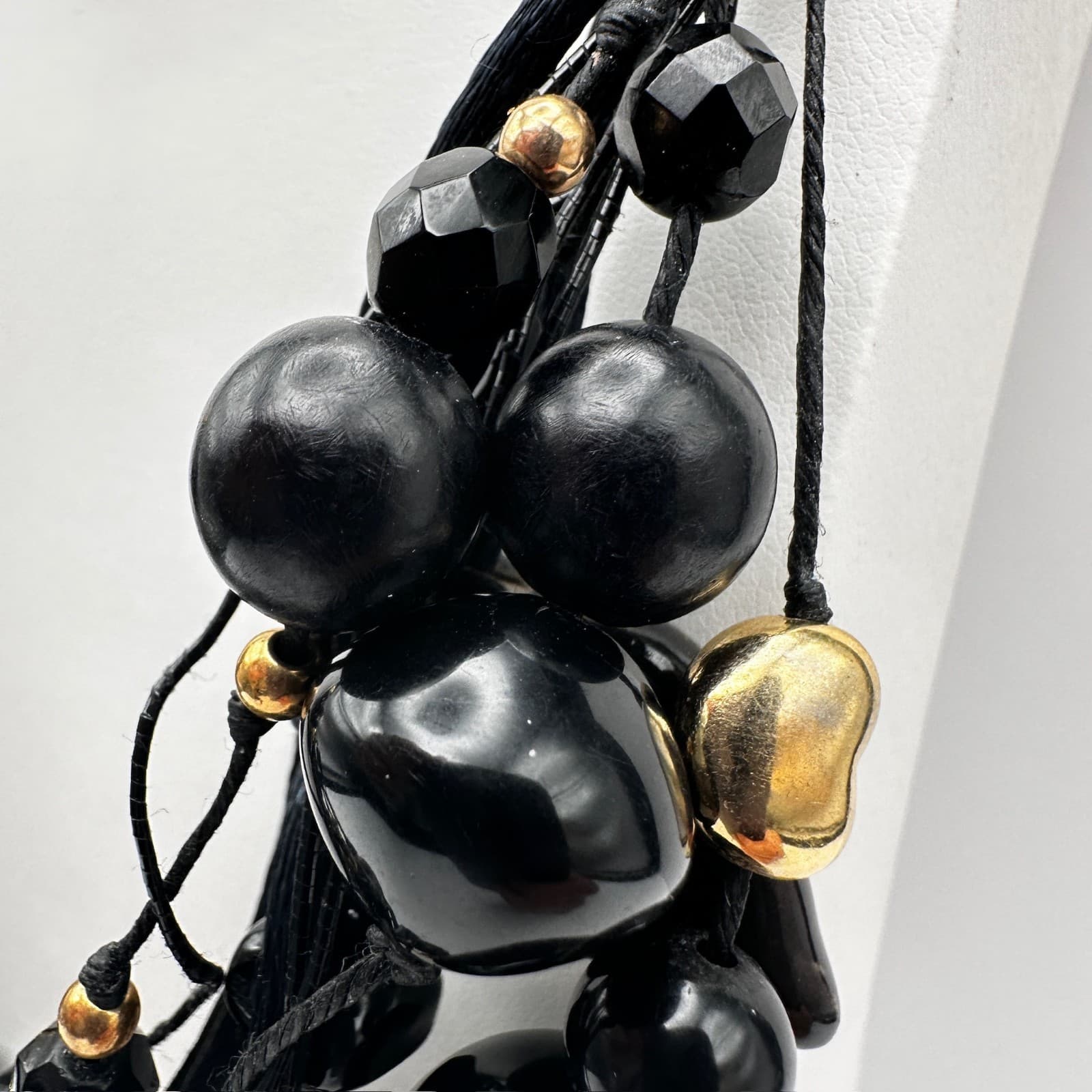Vintage 90s Black Multi Strand Cluster Necklace Gold Tone Women's Jewelry - Thumbnail 8