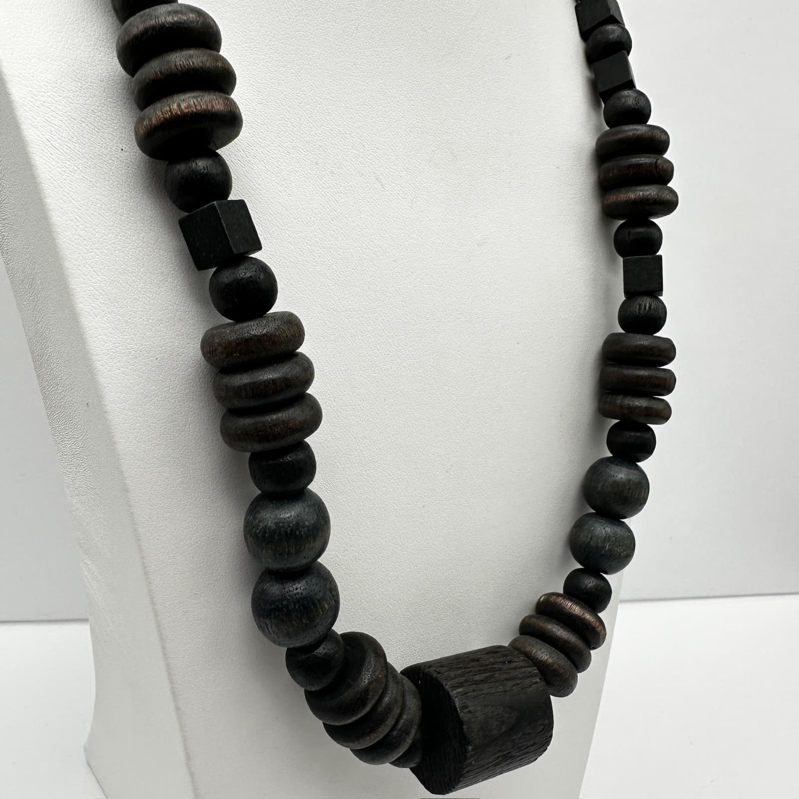 Vintage 90s Multi-Shape Black Wood Bead Necklace Women's Jewelry - Thumbnail 2