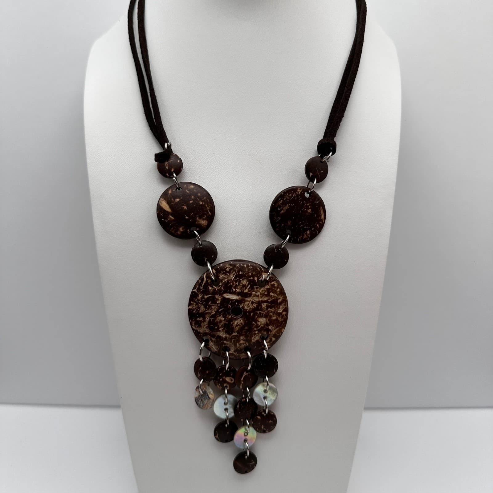 Vintage 90s Coconut Shell Mother Of Pearl Necklace Brown Suede Cord Bib Women's - Thumbnail 2