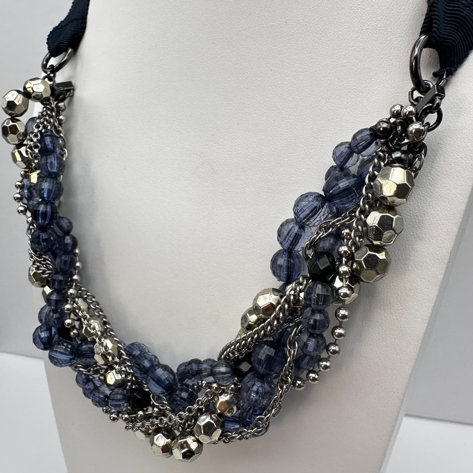 Vintage 90s Multi Strand Blue Beaded Ribbon Statement Necklace Women's Jewelry - Thumbnail 7
