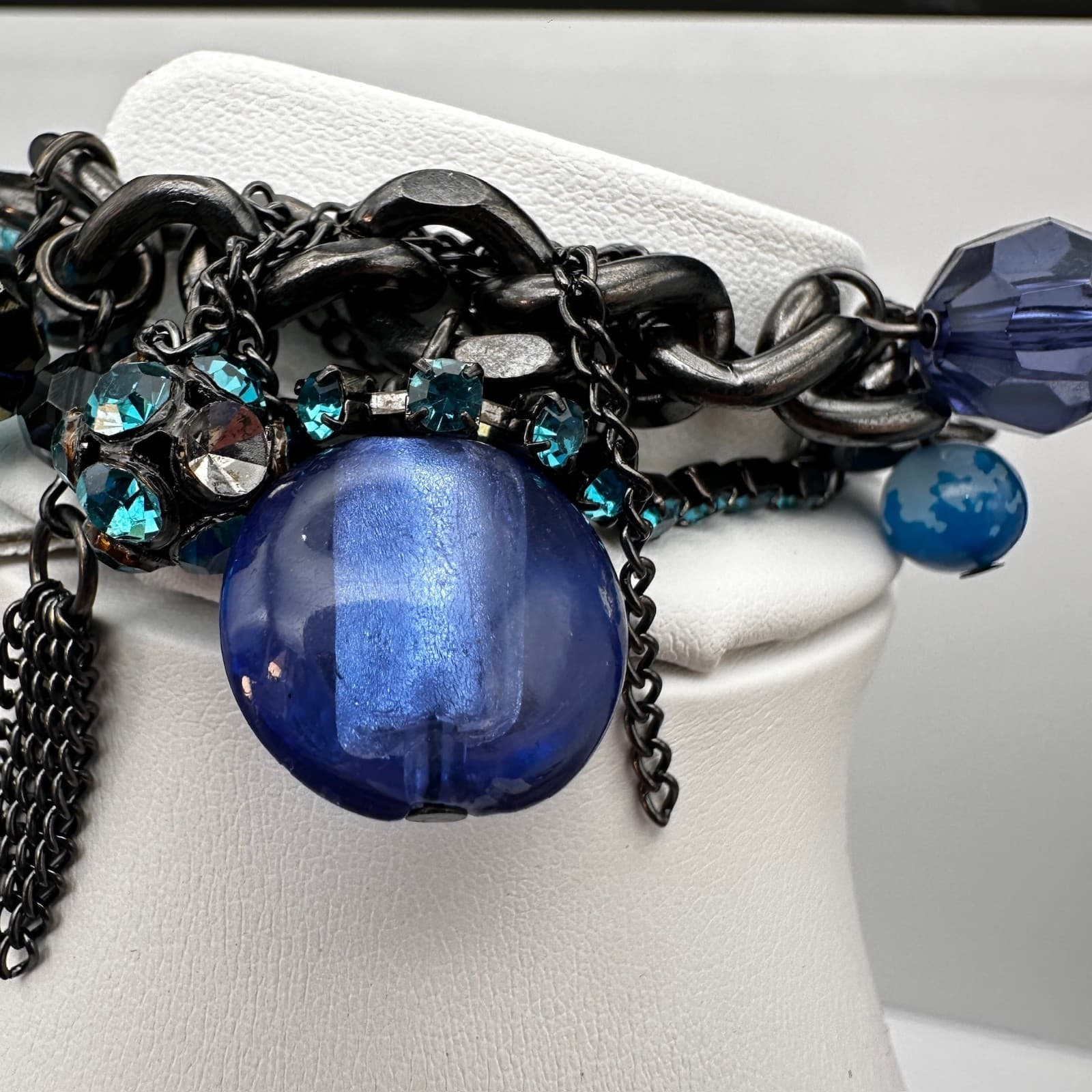 Vintage 90s Blue Crystal Charm Bracelet Silver Tone Mixed Bead Women's Jewelry - Thumbnail 3