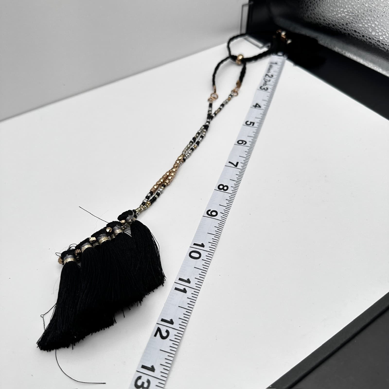 Vintage 90s Boho Black Tassel Statement Necklace Gold & Silver Tone Beaded Bib - Thumbnail 11