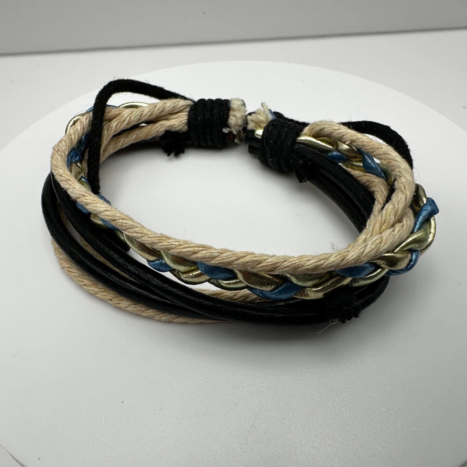 Vintage 90s Multi-Strand Leather Cord Bracelet Braided Gold Tone Women's Jewelry - Thumbnail 2