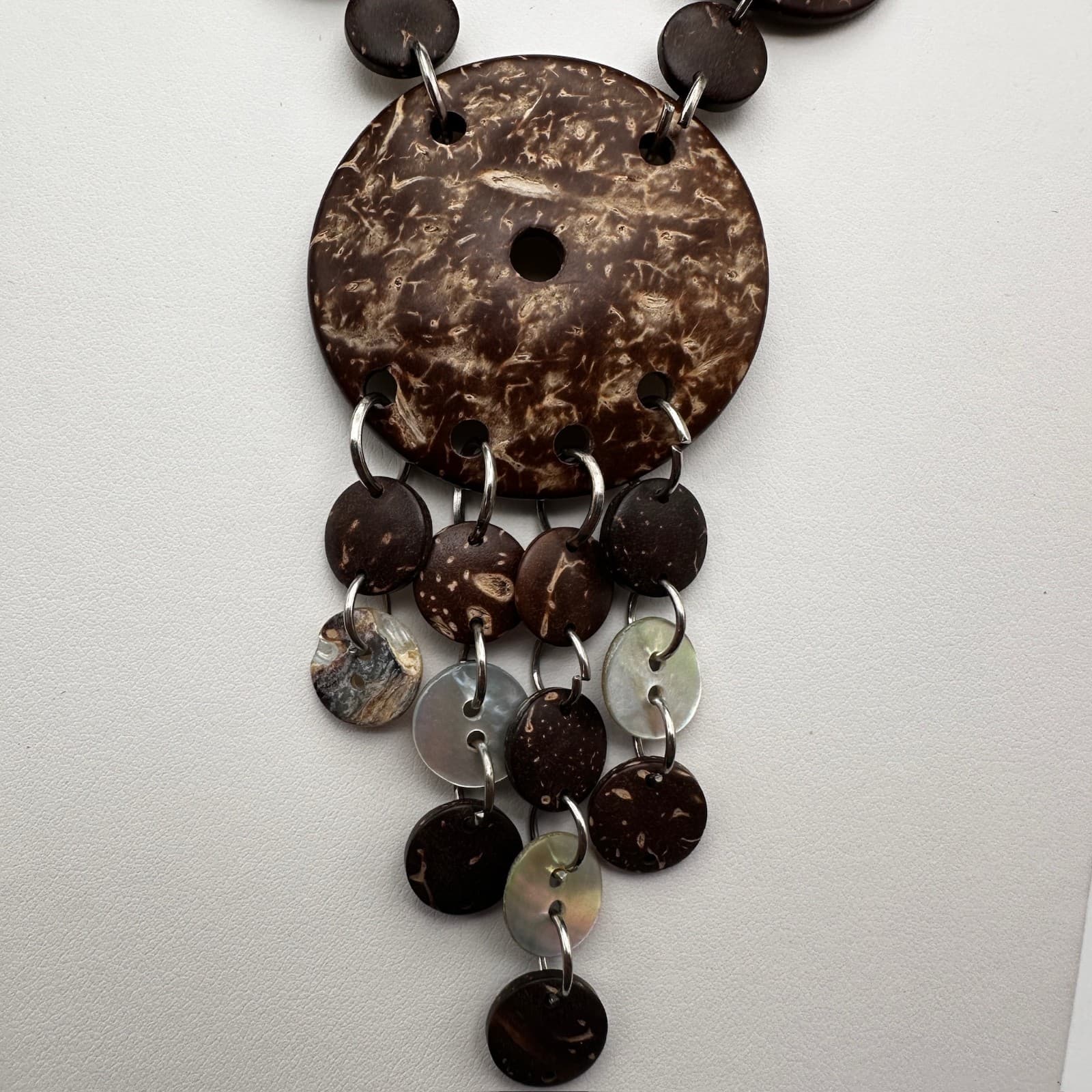 Vintage 90s Coconut Shell Mother Of Pearl Necklace Brown Suede Cord Bib Women's - Thumbnail 6