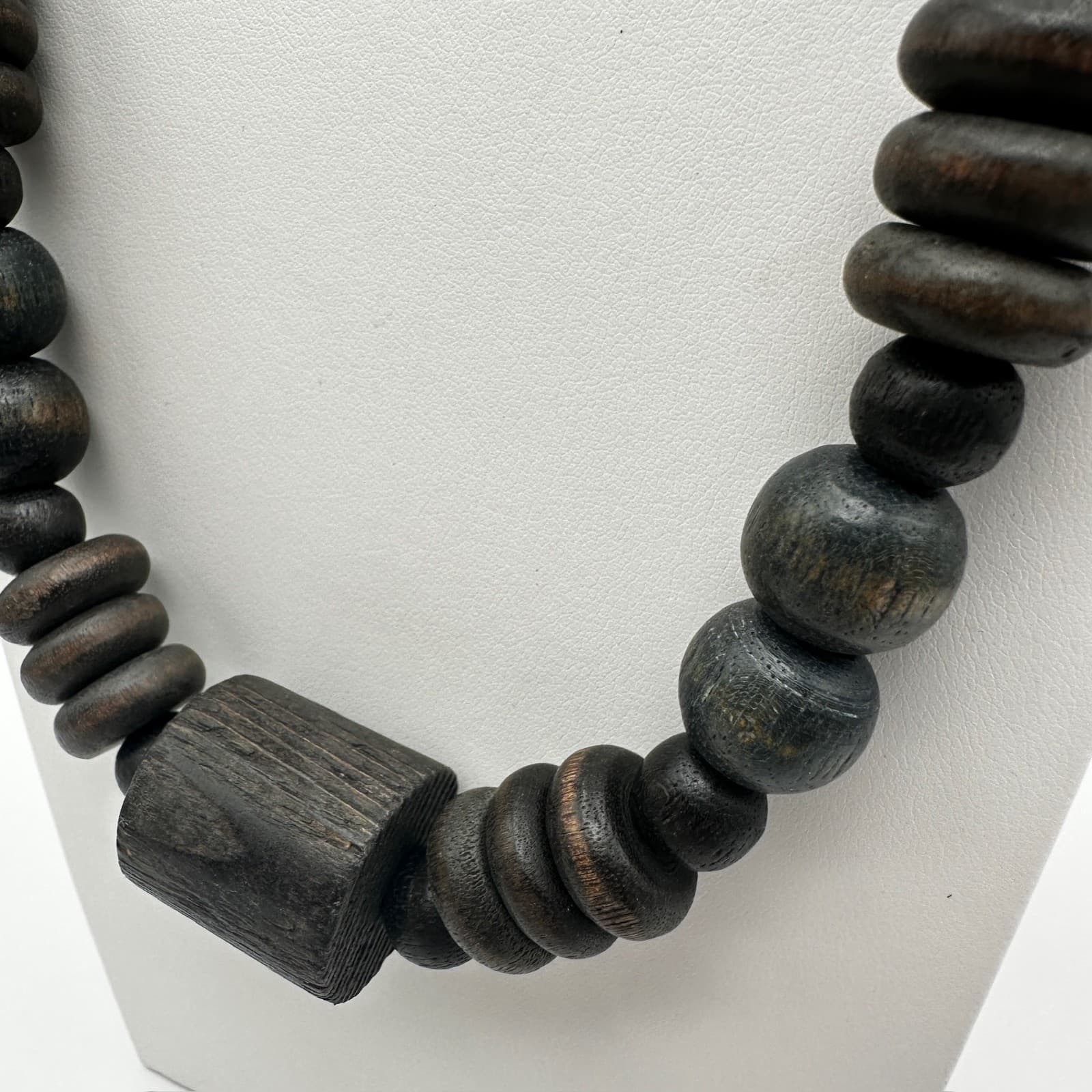 Vintage 90s Multi-Shape Black Wood Bead Necklace Women's Jewelry - Thumbnail 4