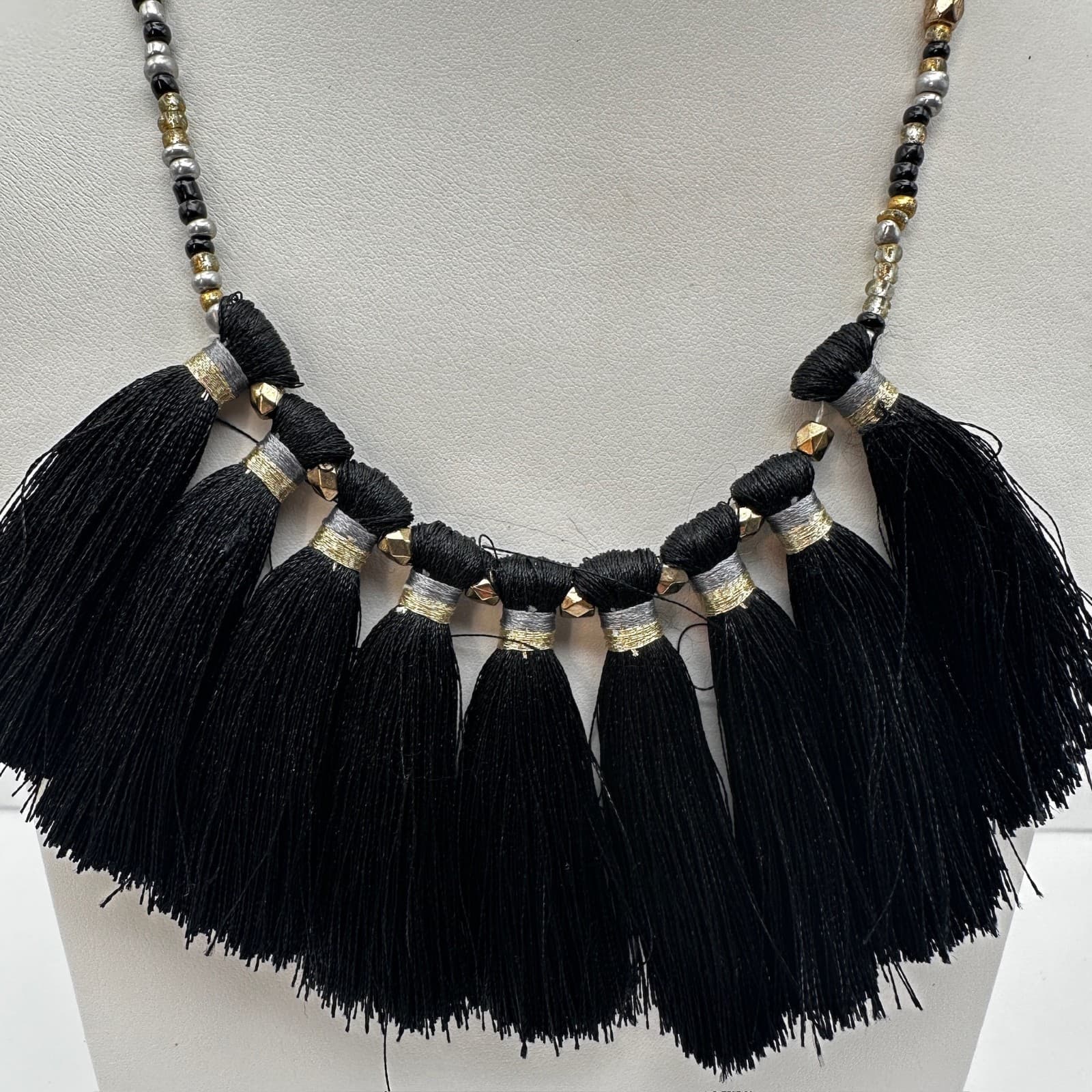 Vintage 90s Boho Black Tassel Statement Necklace Gold & Silver Tone Beaded Bib - Thumbnail 7