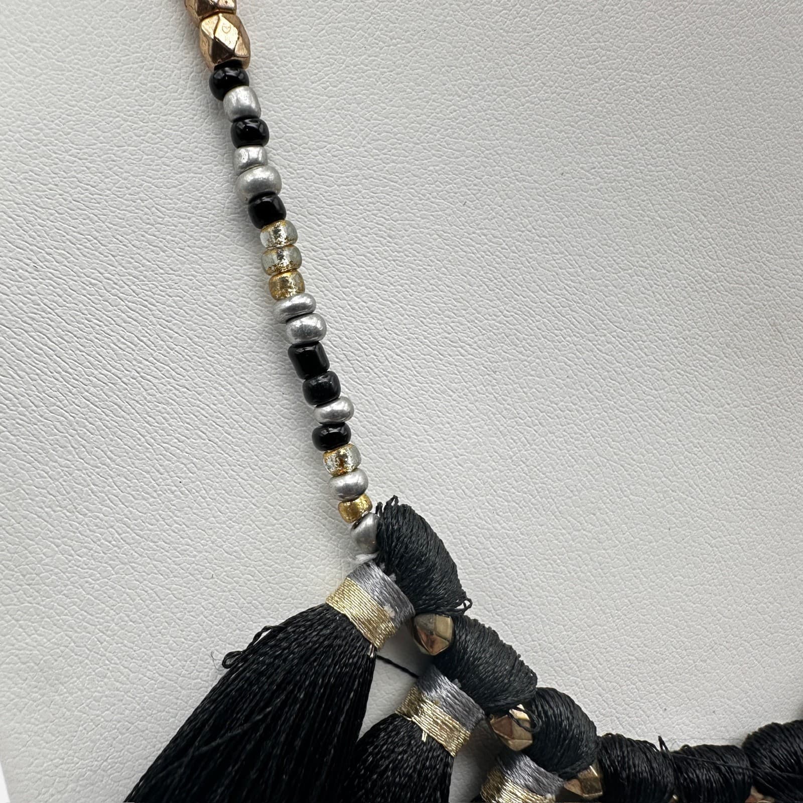 Vintage 90s Boho Black Tassel Statement Necklace Gold & Silver Tone Beaded Bib - Thumbnail 8