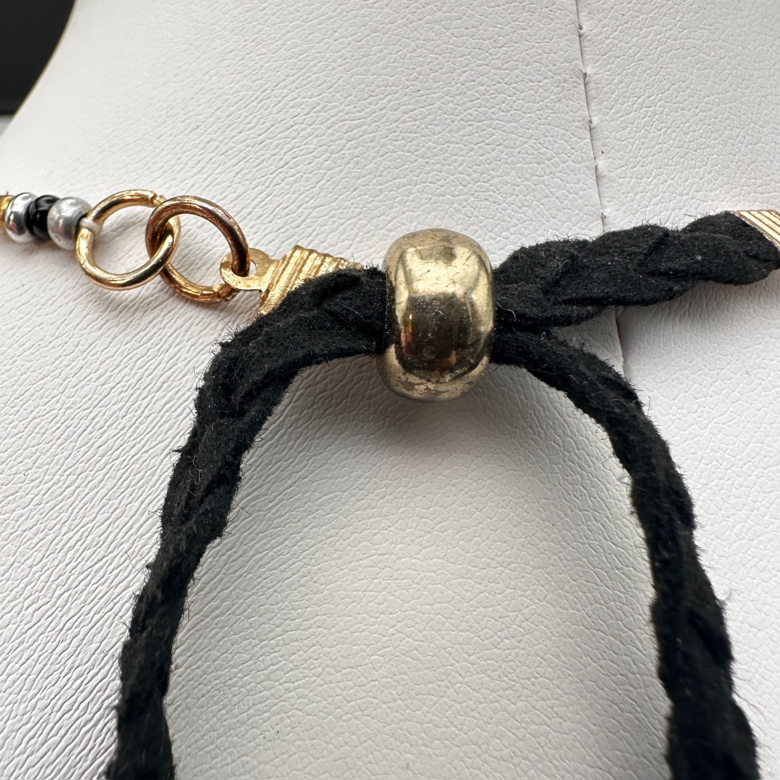 Vintage 90s Boho Black Tassel Statement Necklace Gold & Silver Tone Beaded Bib - Thumbnail 10