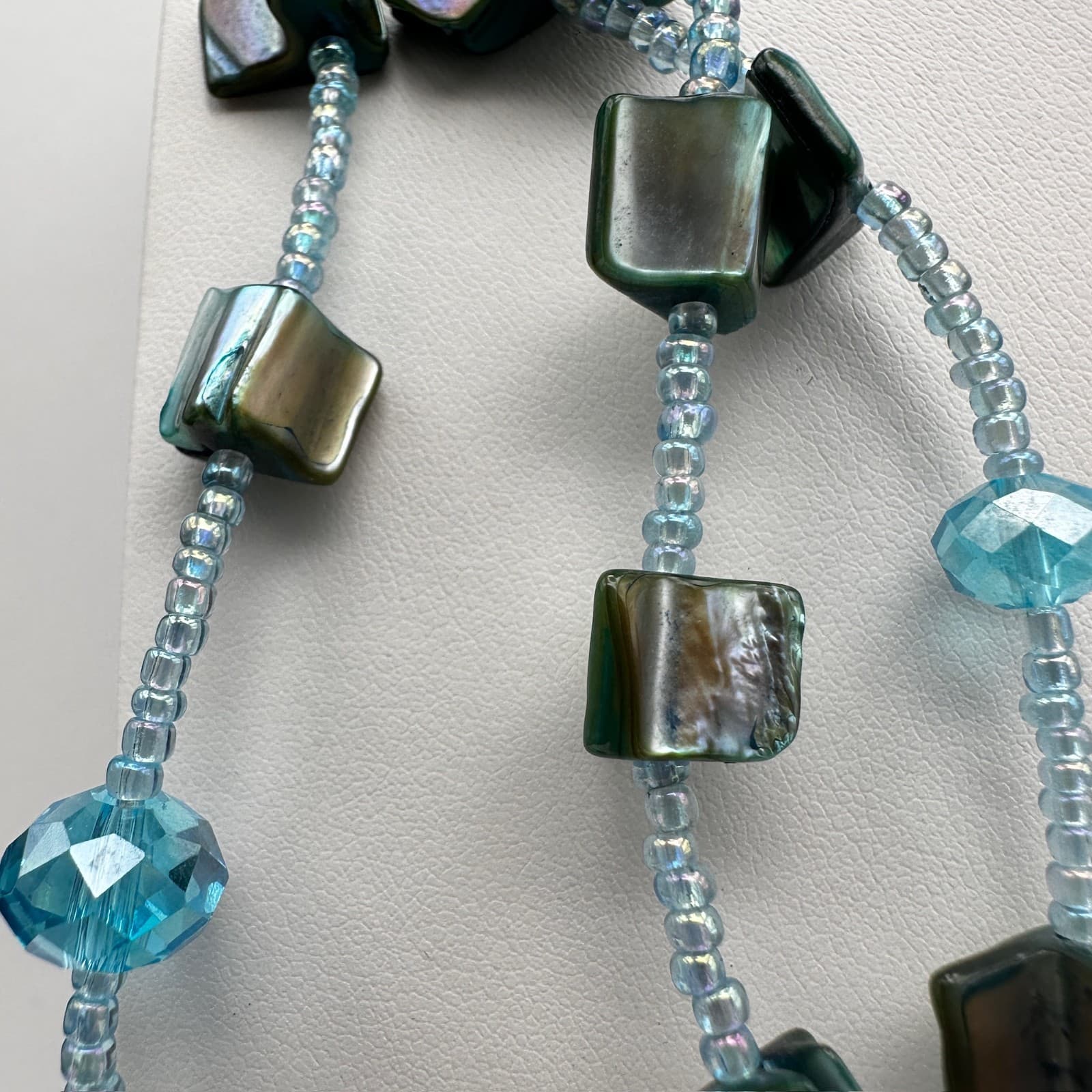 VTG 90s Teal Multi-Strand Shell Necklace Layered Bead Silver Tone Jewelry - Thumbnail 3